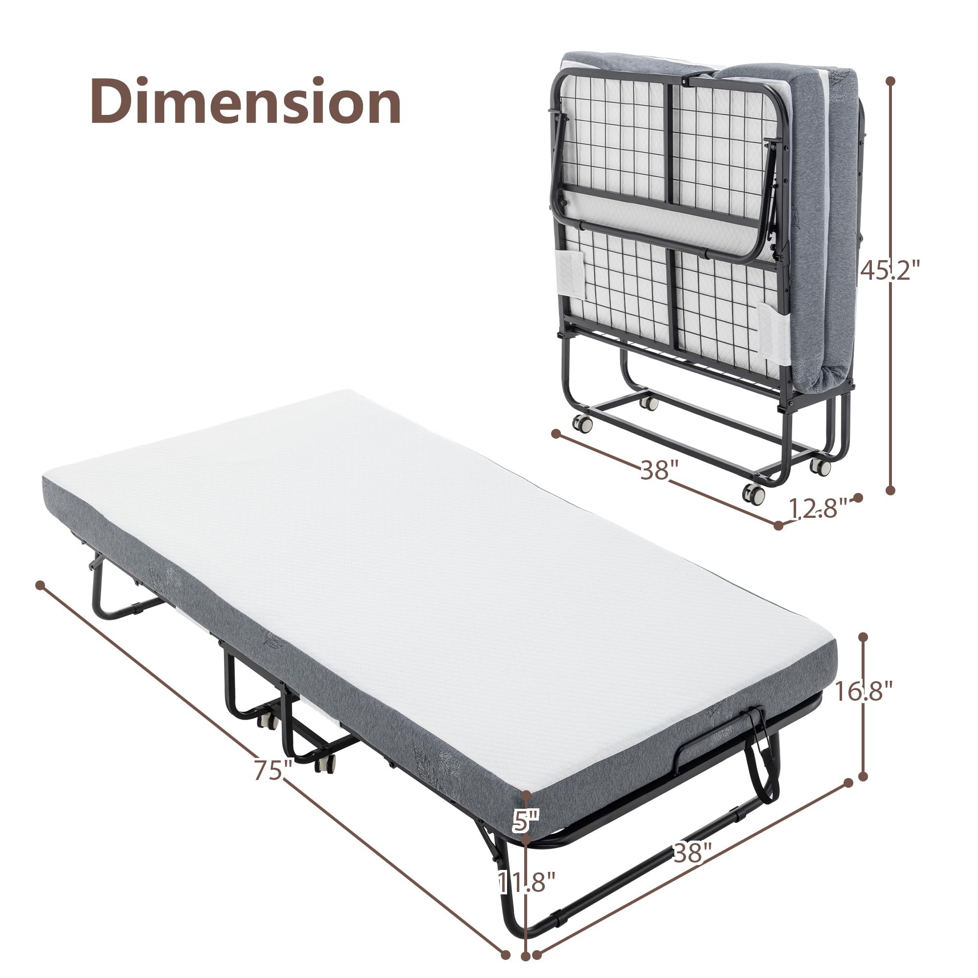 Dithoko Folding Bed with 5” Memory Sponge Mattress, Portable Guest Bed Camping Cot for Adults, Saving Space Rollaway Bed for Travel and Hospital Nursing, 75 x 38 Inches