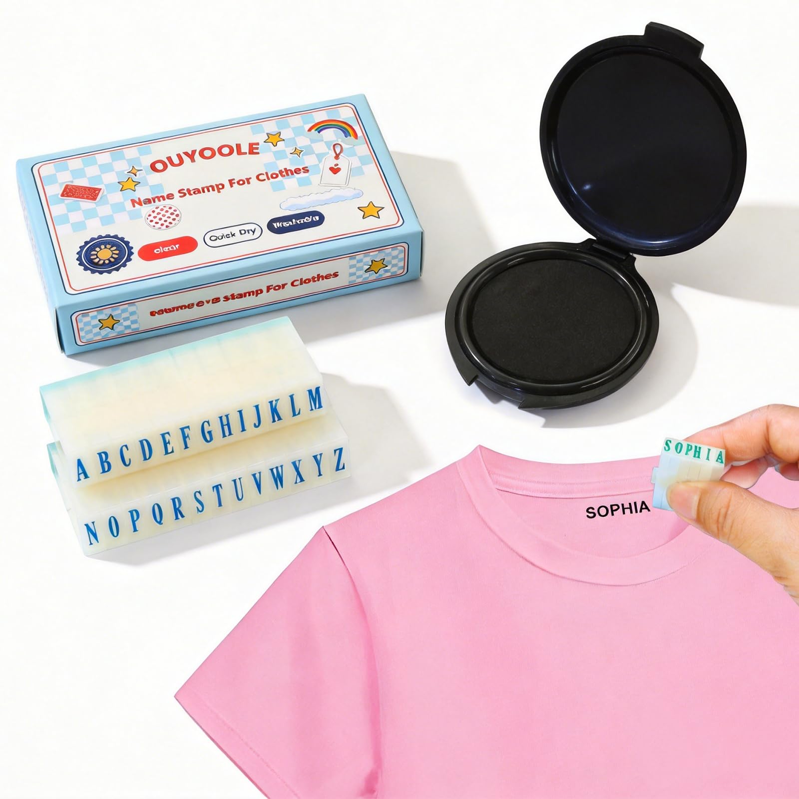 OUYOOLE Personalised Name Stamp for Clothes Kids, Waterproof Clothing Name Stamp with Ink Pads for Stamping