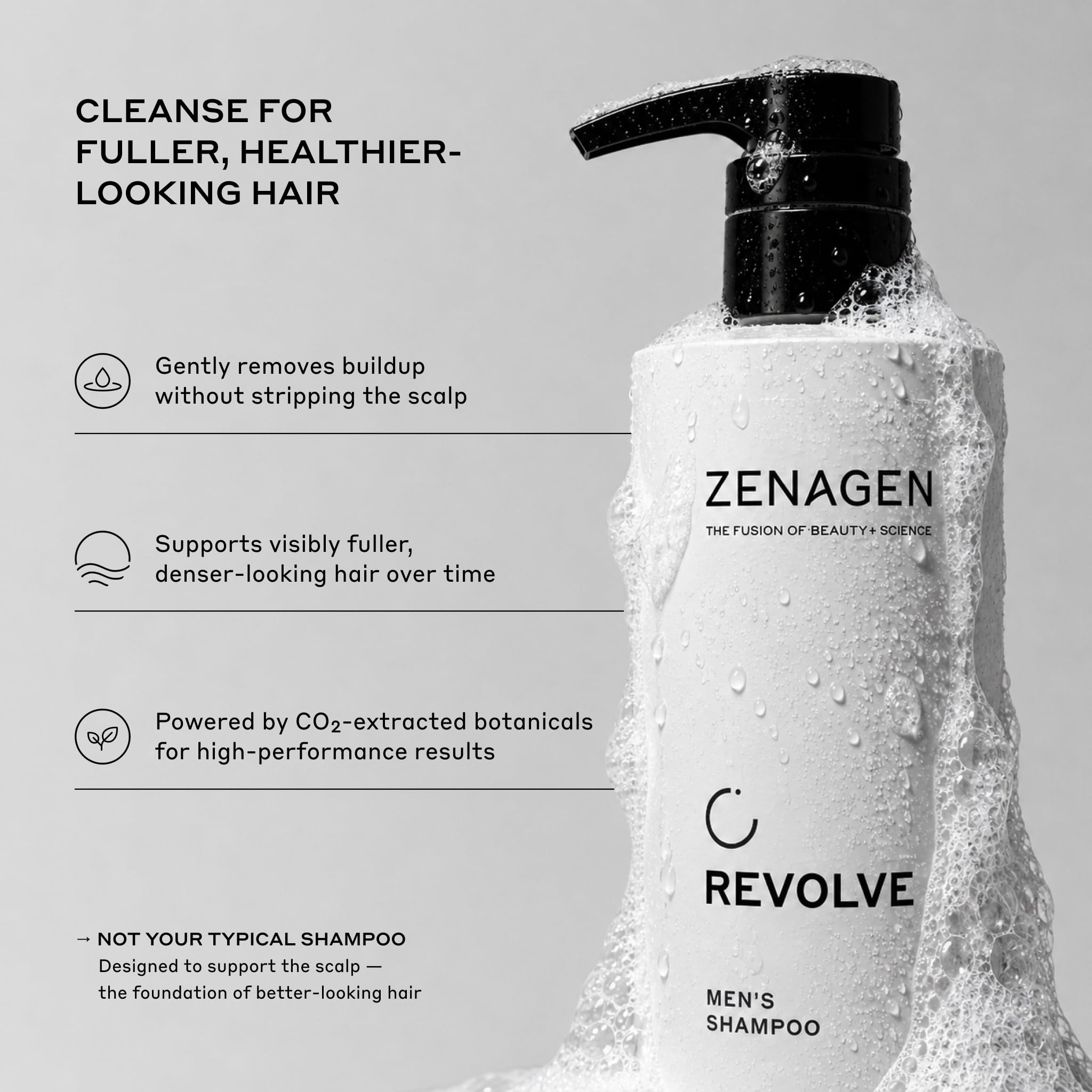 ZENAGEN Revolve Szampon zagęszczający dla mężczyzn, wspiera wygląd pełniejszych, zdrowiej wyglądających włosów, opracowany z myślą o delikatnych i wyraźnie przerzedzających się włosach, na bazie