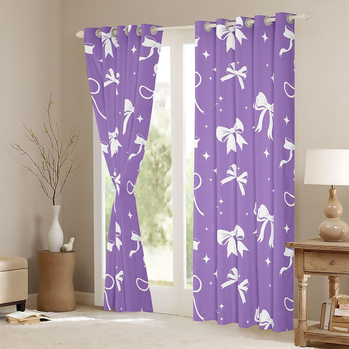 Homewish Fioletowa kokardka zasłony okienne 117 x 183 cm, 2 zestawy paneli - urocza wstążka kokardka zasłony zaciemniające księżniczka muszka dekoracje okienne zasłony kokardka artykuły imprezowe do
