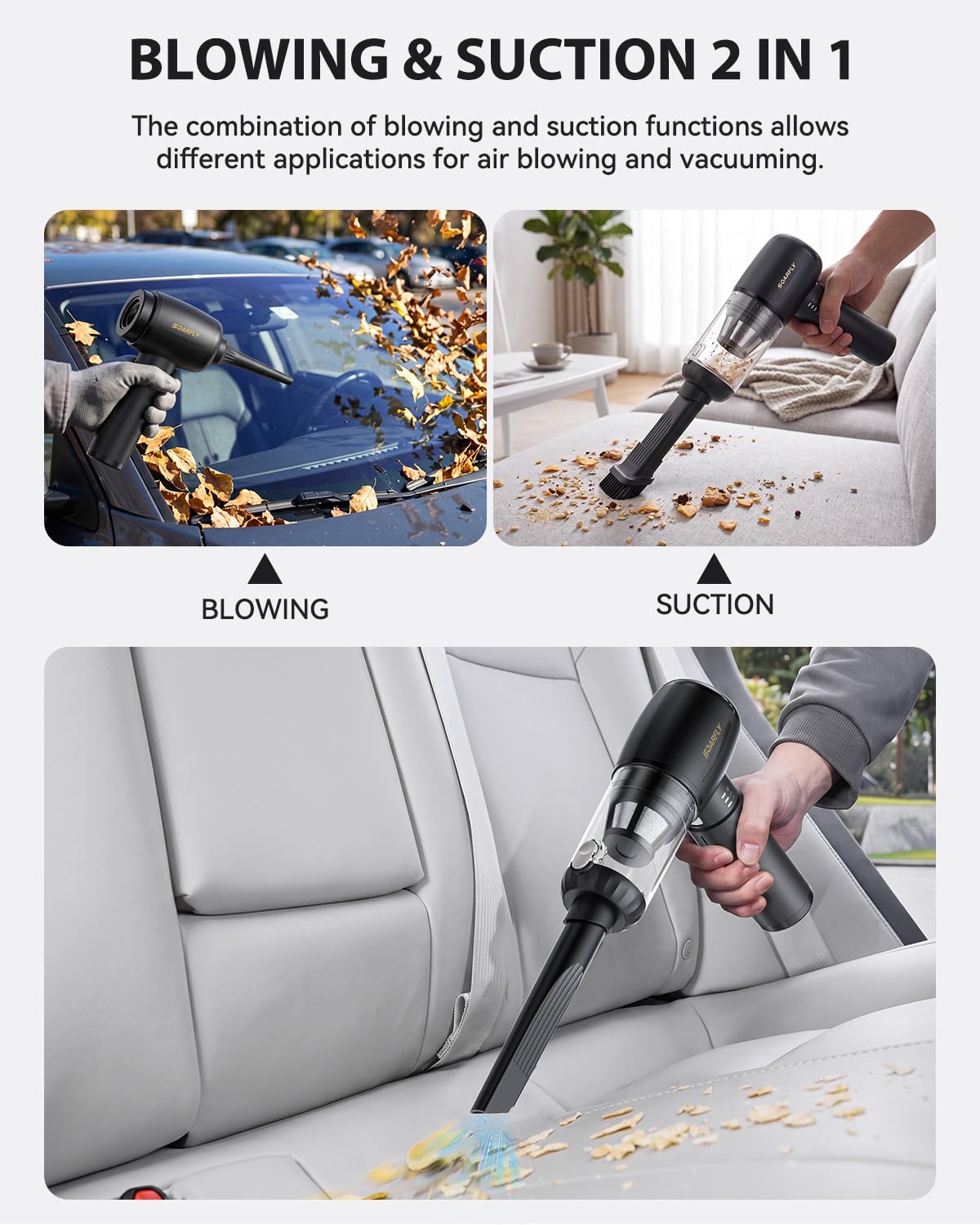 SoarFly Aspirapolvere a mano, 25000Pa, 4 in 1, mini aspirapolvere per auto, senza fili, con luce LED, 2 marce, con motore senza spazzole per auto, cucina, PC, divano, ufficio