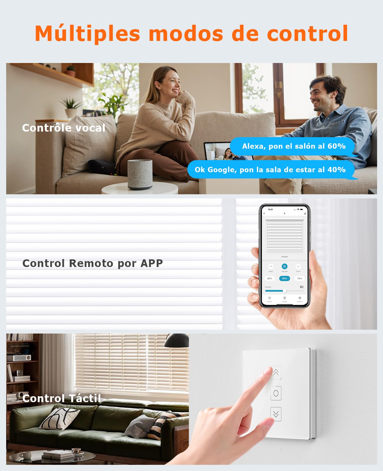 Interruptor de Persianas Wifi Porcentual 80x 80mm, Interruptor de Persiana Inteligente Control por Smart Life, Compatible con Alexa/Google Assistant, Requiere Cable Neutro
