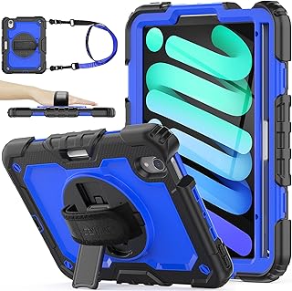 SEYMAC stock iPad Mini 6 Case, [Full-Body] Drop Proof Armor Case with 360 Rotating Stand [Pencil Holder][Screen Protector] Hand Strap for iPad Mini 6th Generation 8.3'' (Blue+Black)