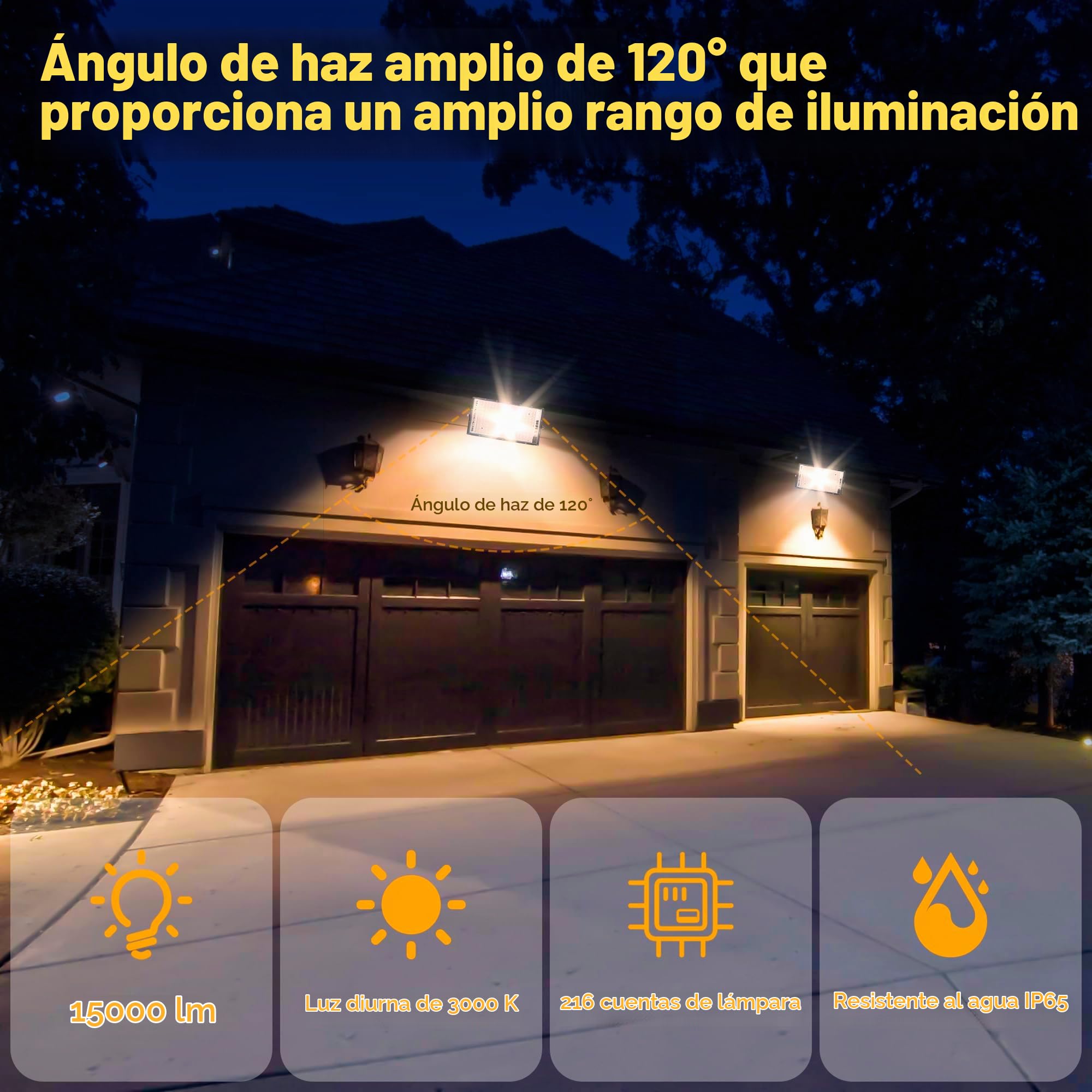 CREATESTAR Foco LED 150W 2PCS, 3000K Blanco Cálido Foco LED Exterior con Enchufe, 15000LM Proyector LED IP66 Impermeable Iluminación de Seguridad para Jardín, Garaje, Plaza, Patio,Camino