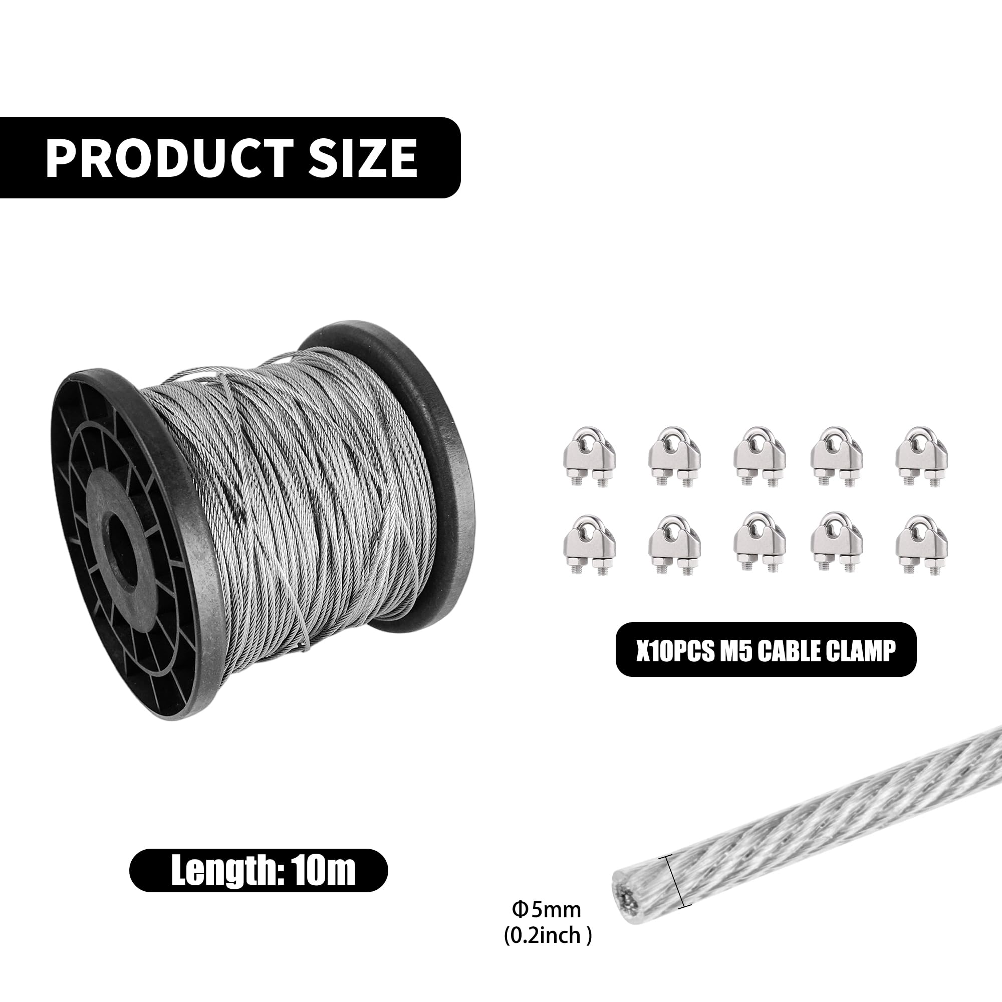 Câble métallique en acier inoxydable de 10 m, 5 mm avec revêtement en PVC, kit de câbles robustes de 7 x 7 brins avec 10 pinces pour jardin, extérieur