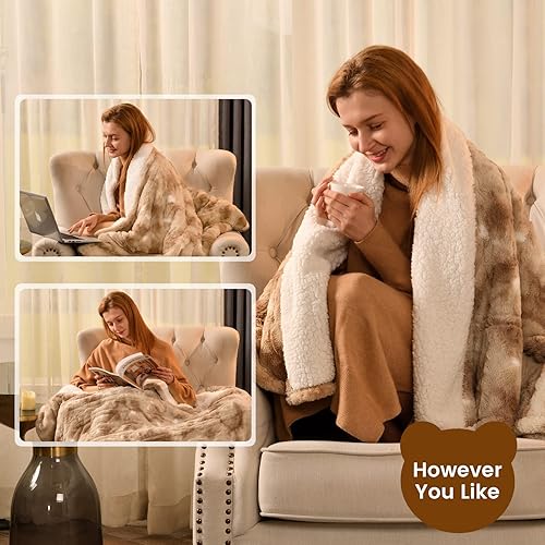 Miniatura 4 de Bearhug Manta eléctrica de 50 x 60 pulgadas, manta térmica de piel sintética y sherpa, 6 niveles de calefacción y apagado automático de 4 horas,