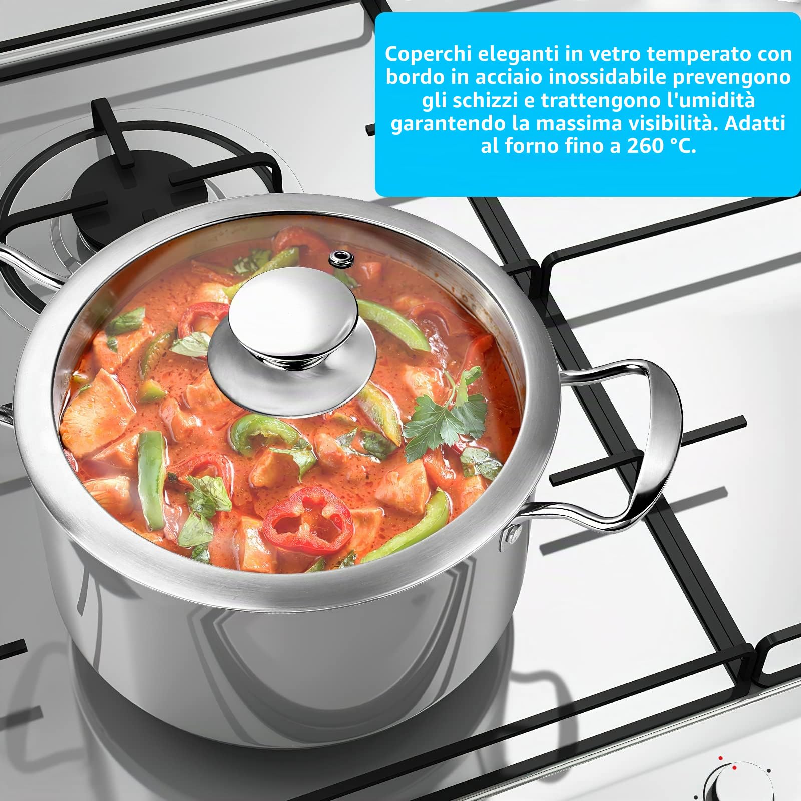 Set di pentole e padelle in acciaio inox, 7 pezzi, con coperchi in vetro, manico per mantenere il freddo, adatto al forno, funziona con piani cottura a induzione/elettrici e a gas, lavastoviglie