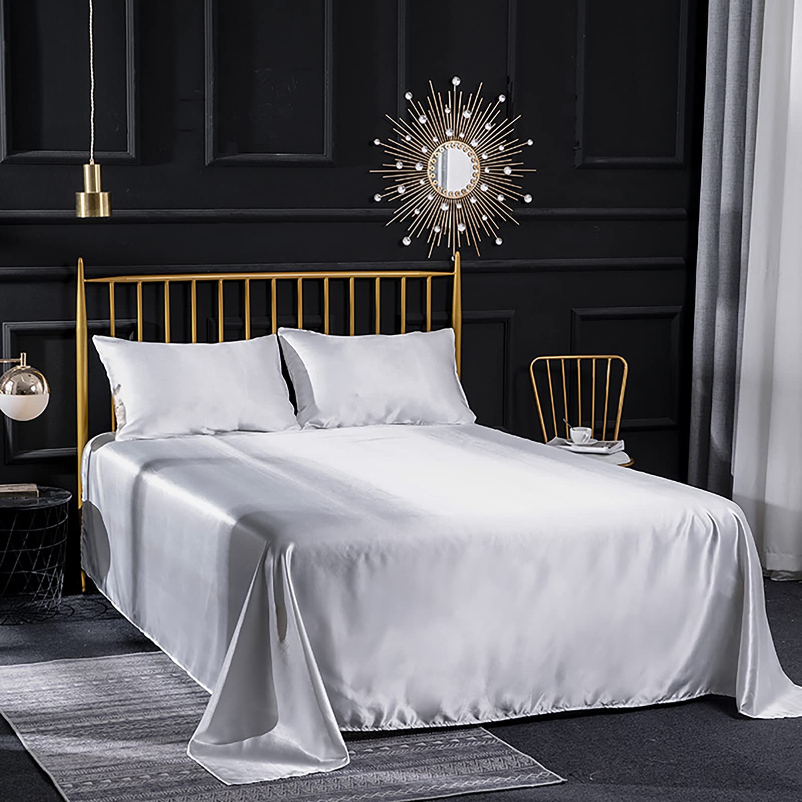 Jemiipee Spannbettuch Einfarbig Satin Seide Glänzend Betttuch Leintuch 200x200 cm für Matratzen bis 35cm Spannbettlaken Set 4teilig mit Bettlaken, Spannbettuch, 2 Kissenbezüge - Weiß