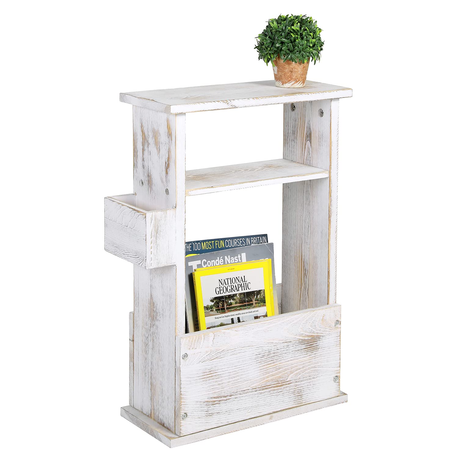 MyGift Shabby Whitewashed Wood End Table with Magazine Holder, Storage Display Shelf and Remote
