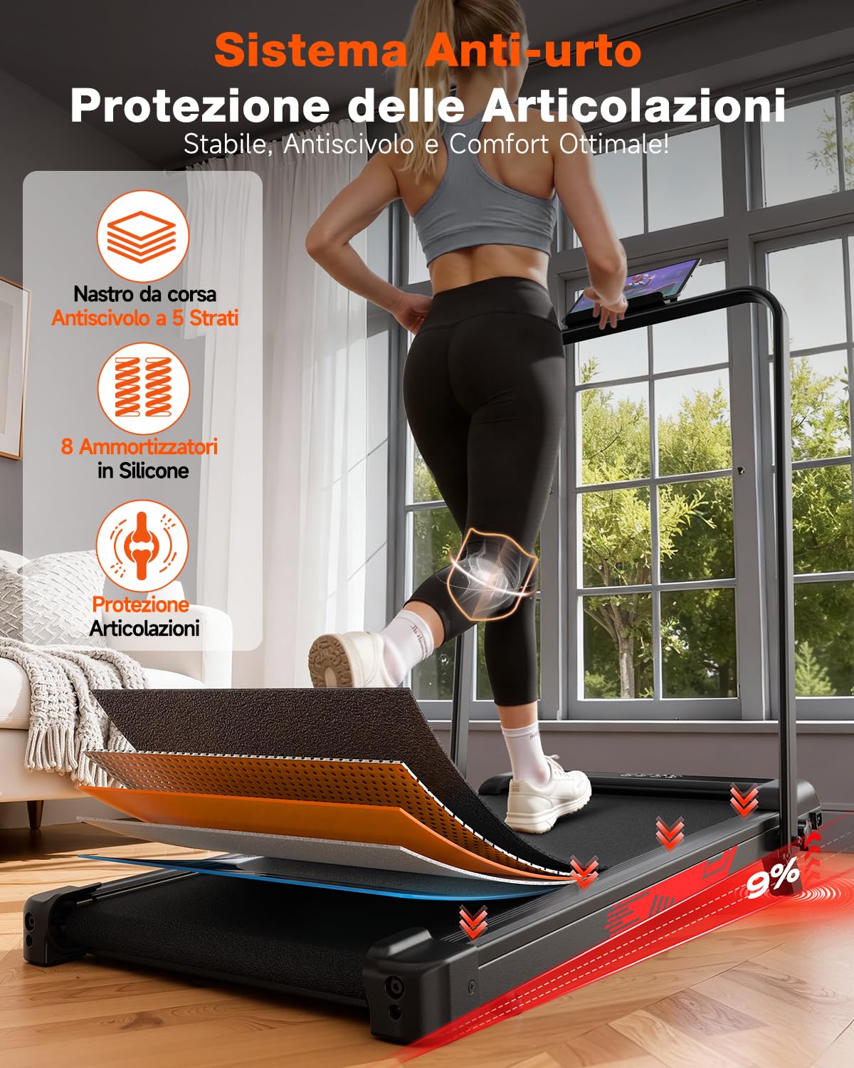 Tapis Roulant Elettrico Pieghevole, 9% Pendenza, 1-10 km/h, 3,0 CV | Casa e ufficio, <35 dB, LED, telecomando, 5 strati antiscivolo, 8 ammortizzatori, 9 cm piegato, ruote trasporto