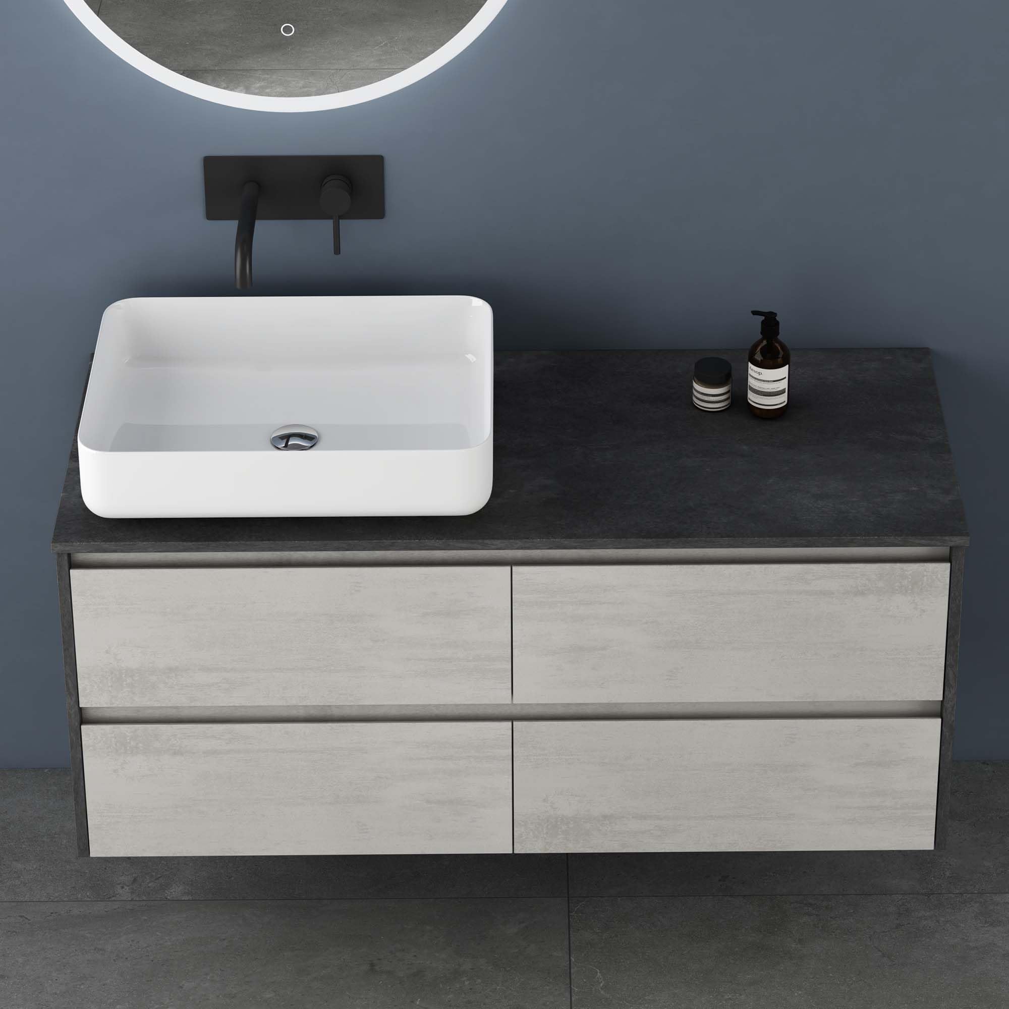 doporro Mobile Bagno Sospeso 120 cm Naturale Chiaro, Mobiletto Sottolavabo con Lavabo da Appoggio in Marmoresina Bianco e 4 Cassetti Soft Close, Mobili Arredo Bagno Spazioso Normal
