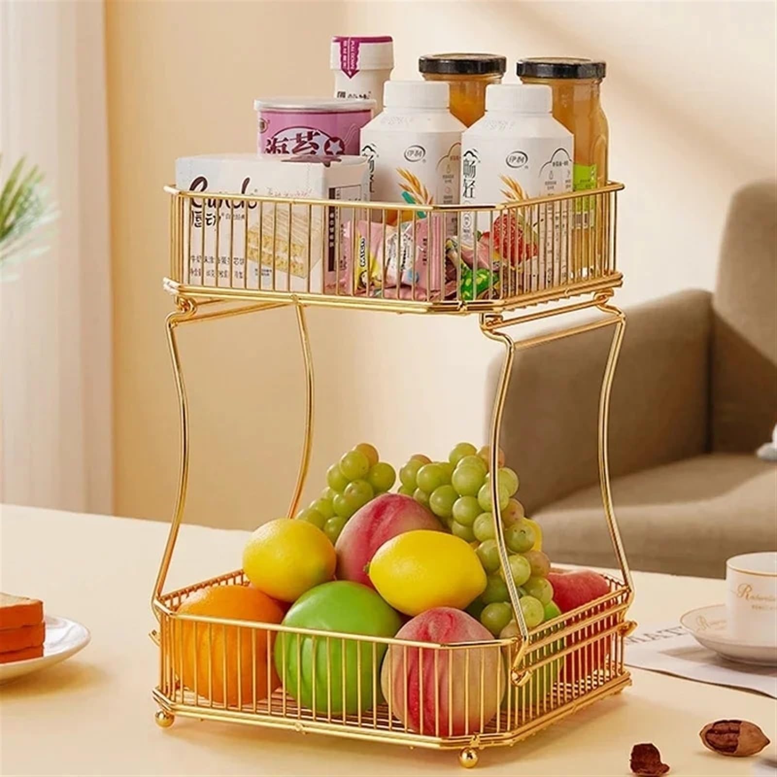 Cesta de frutas de metal de 2 niveles, organizador de cocina para frutas, verduras, pan y aperitivos, solución de almacenamiento de encimera para el hogar