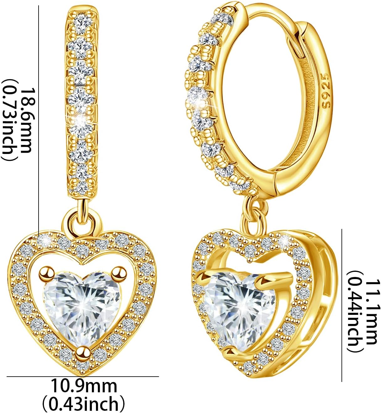 Sterling Silver Gold Heart Earrings for Women - Classic Love Heart-Shaped Hoop Earrings with Dangle Hypoallergenic Lightweight Cubic Zirconia Earring Fashion Gifts for Wife Mother - Image 6