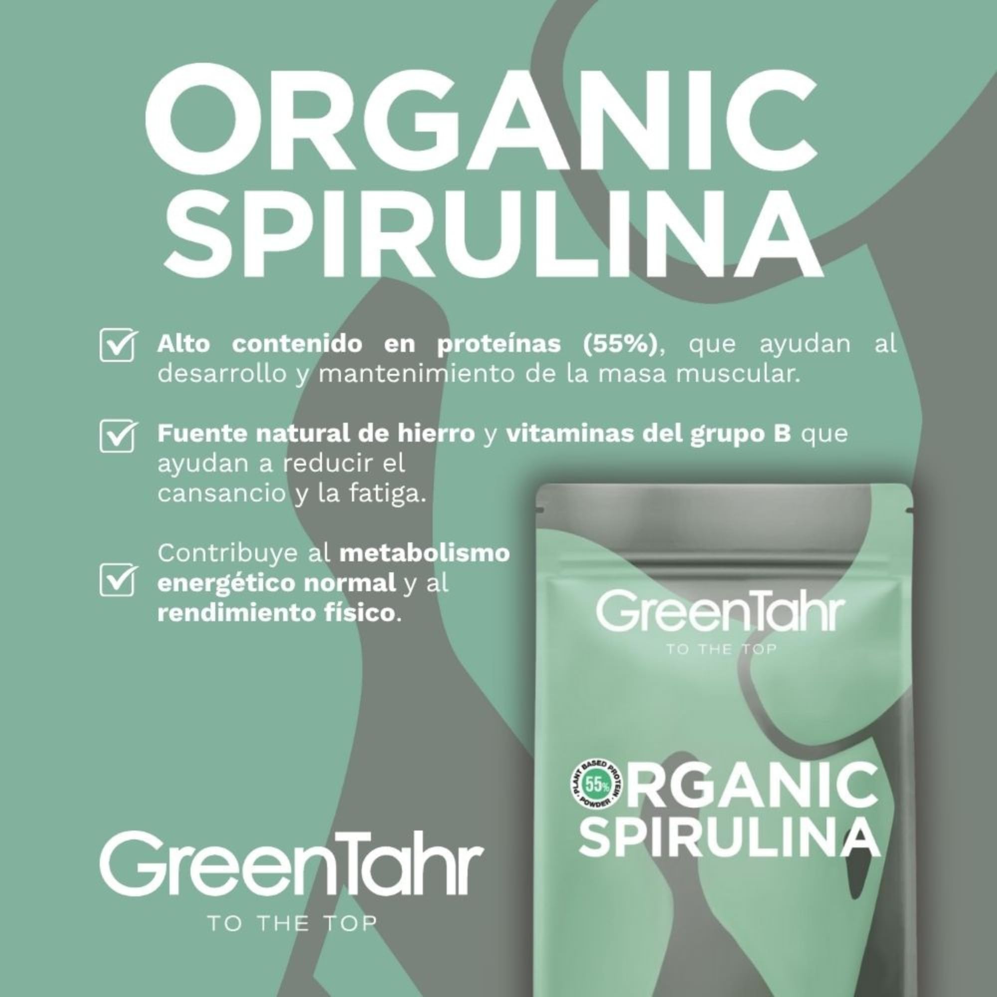 Green Tahr Espirulina en Polvo Ecológica 750g, 100% Alga Spirulina Apta para Veganos, Sin Gluten, Sin Aditivos, Alto Contenido en Proteínas 55%