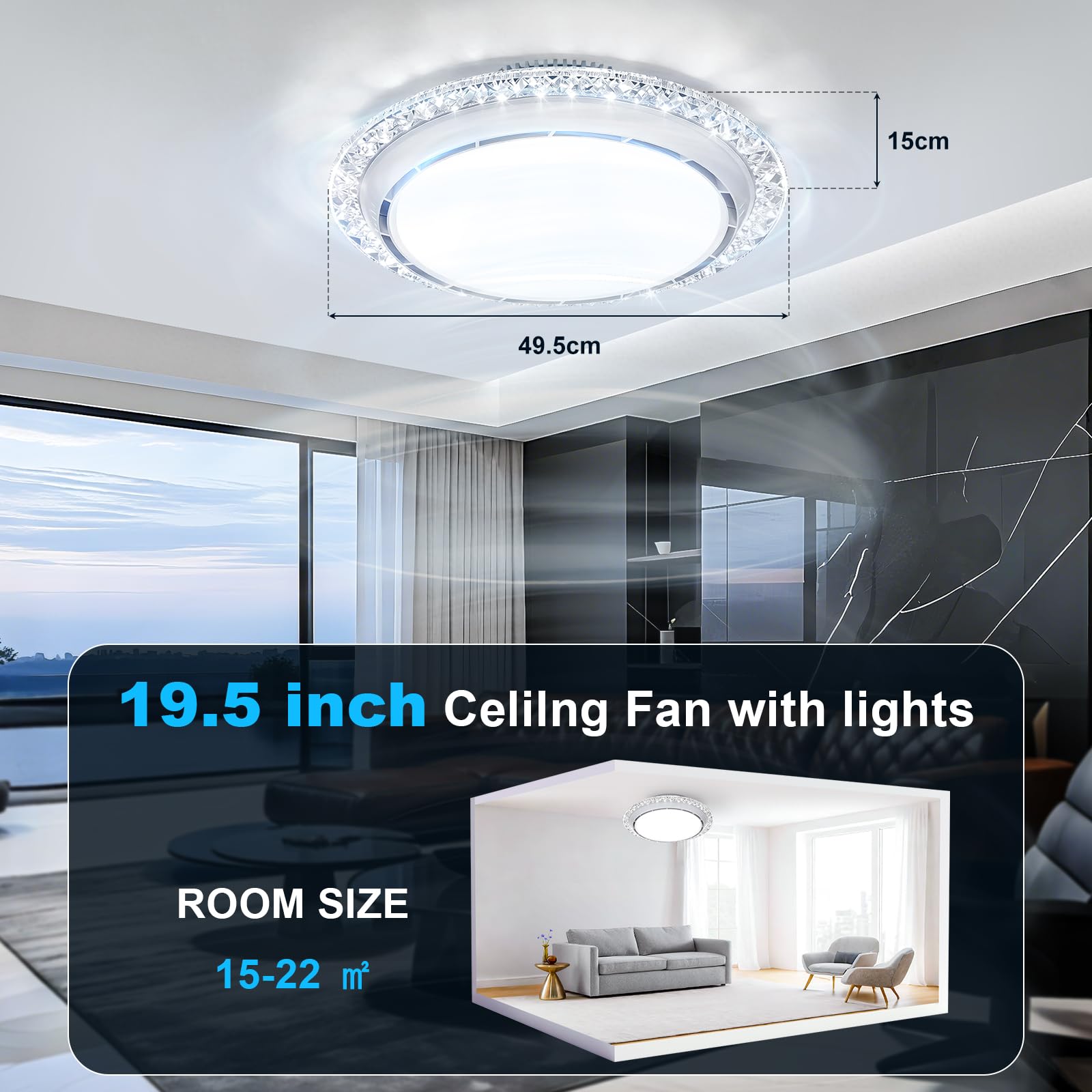 49.5cm Ventilatore da Soffitto con Luce e Telecomando,Lampadario Ventilatore da Soffitto Silenzioso con 3000-6500K Dimmerabile, 6 Velocità, Timer, Memoria,Plafoniera per Soggiorno Camera da Letto