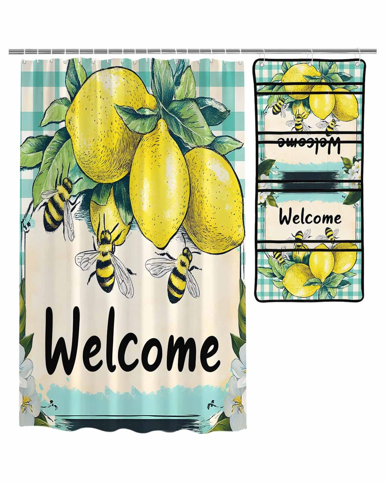 ZFUNCING Shower Curtain Mesh Shower Organizer Set Summer Farmhouse Lemon Bee Waterproof Bath Curtains Hanging Shower Caddy Bathroom