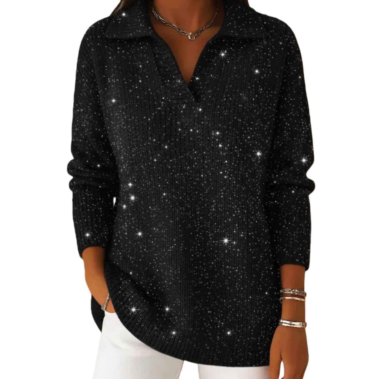 Womens Christmas Party Polo Collar Shiny Loose Sweater Top Casual Loose V Neck Long-Sleeved Sweaters