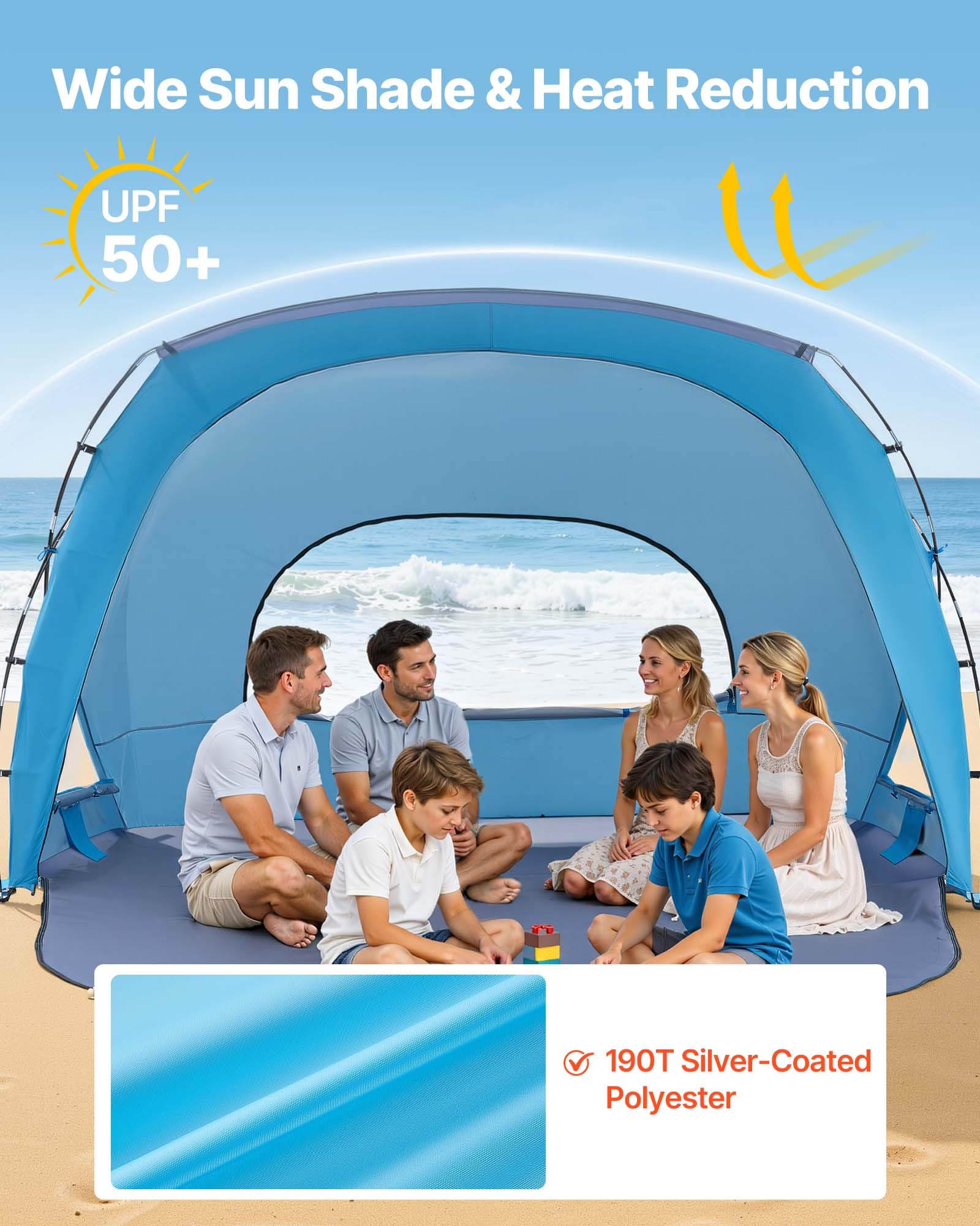 VEVOR Namiot plażowy dla 6 osób, UPF 50+, przenośny parasol plażowy z torbą do przenoszenia i kieszeniami na piasek, lekki i łatwy w instalacji, parasol plażowy na kemping
