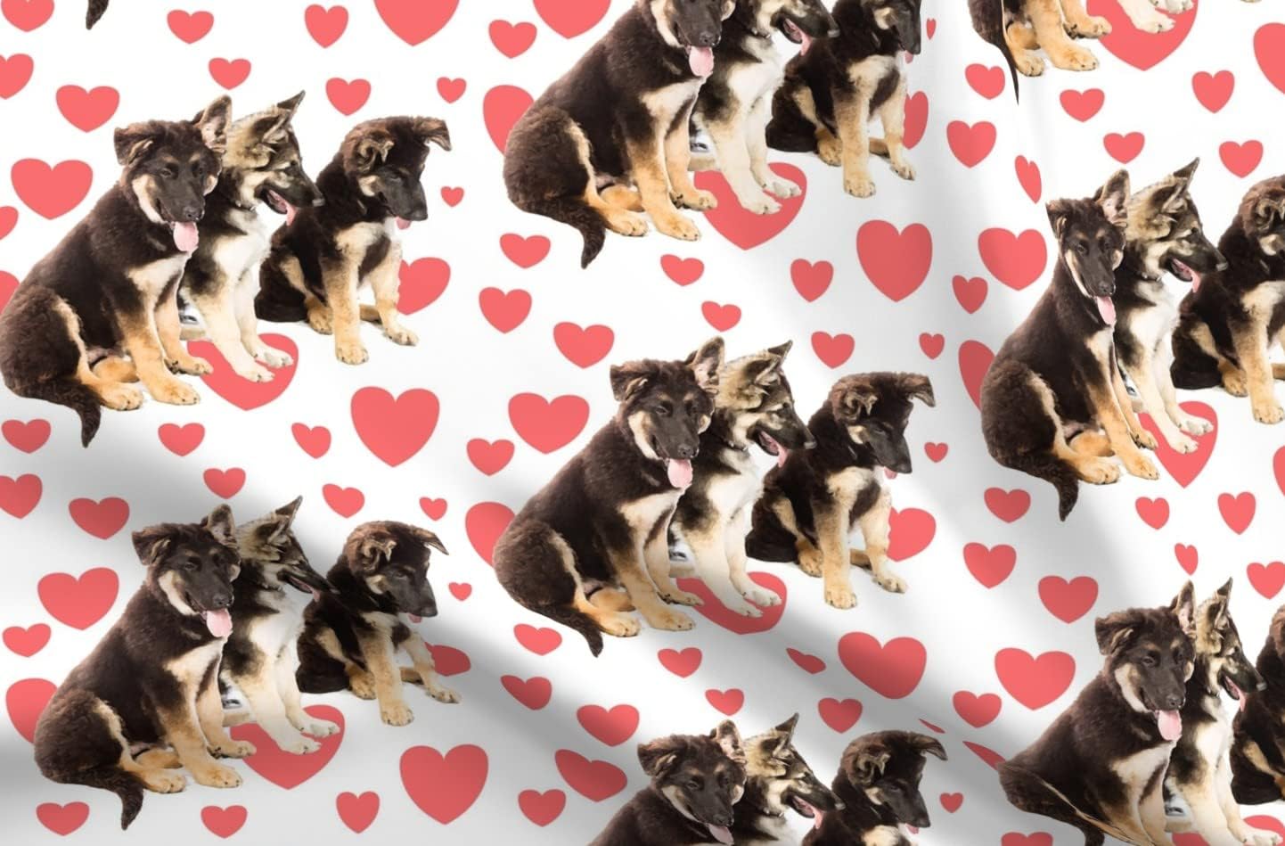 Spoonflower Fabric - Puppy Love Hearts German Shepherd Puppies Valentine Red Pet Portrait Printed on Petal Signature Cotton Fabric by The Yard - Sewing Quilting Apparel Crafts Decor