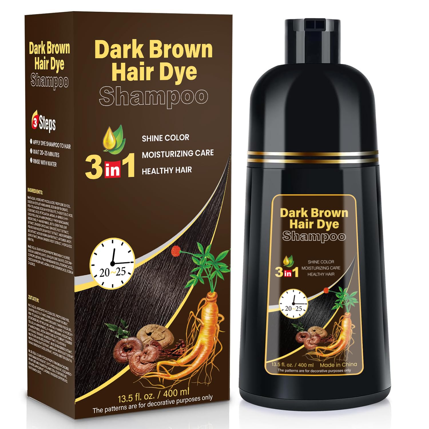 Herbal 3-in-1 Hair Dye Shampoo for Gray Hair Coverage
