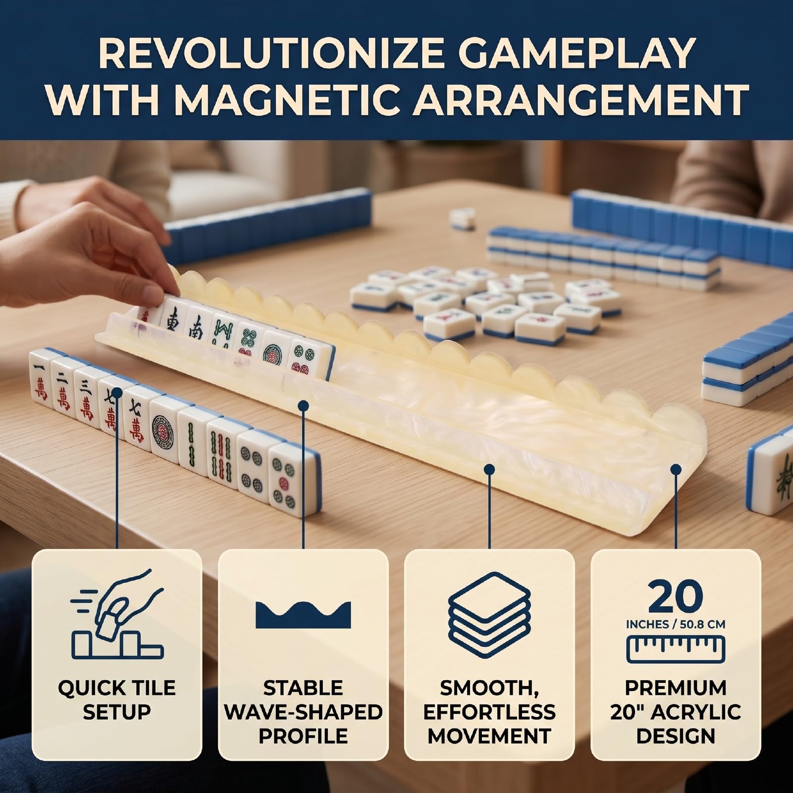 RiToEasysports Stojak na Mahjong, 20-calowy Akrylowy Uchwyt na Płytki Mahjong z Magnetycznym Popychaczem do Domowych i Klubowych Wieczorów Gier