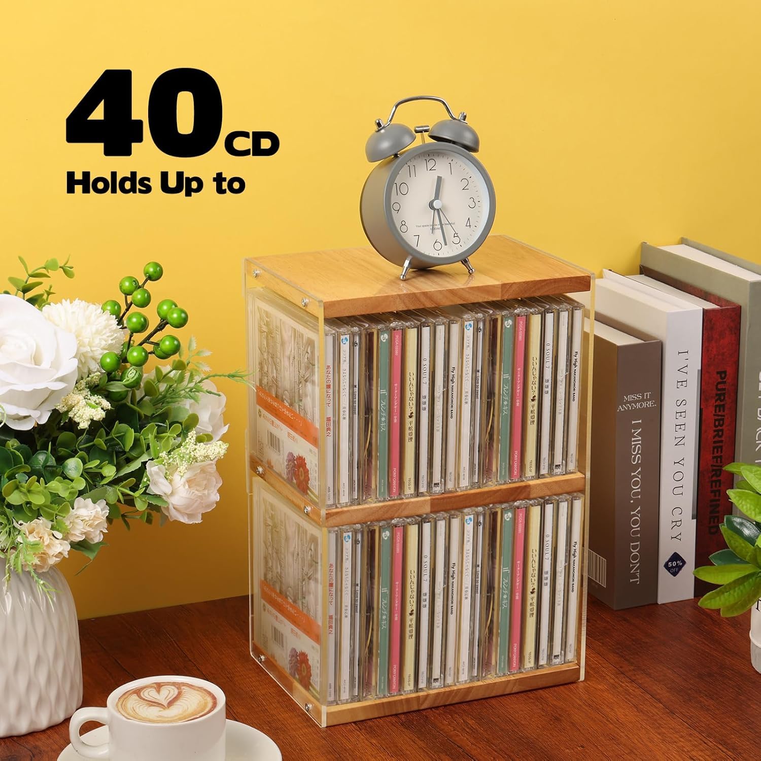 Rainmae Holz CD-Halter mit Acryl Vitrine CD Aufbewahrung & DVD Stand, Kompakter Organizer für Spielediscs, Filmhüllen, Musikkassetten & Theaterraum Sammelobjekte