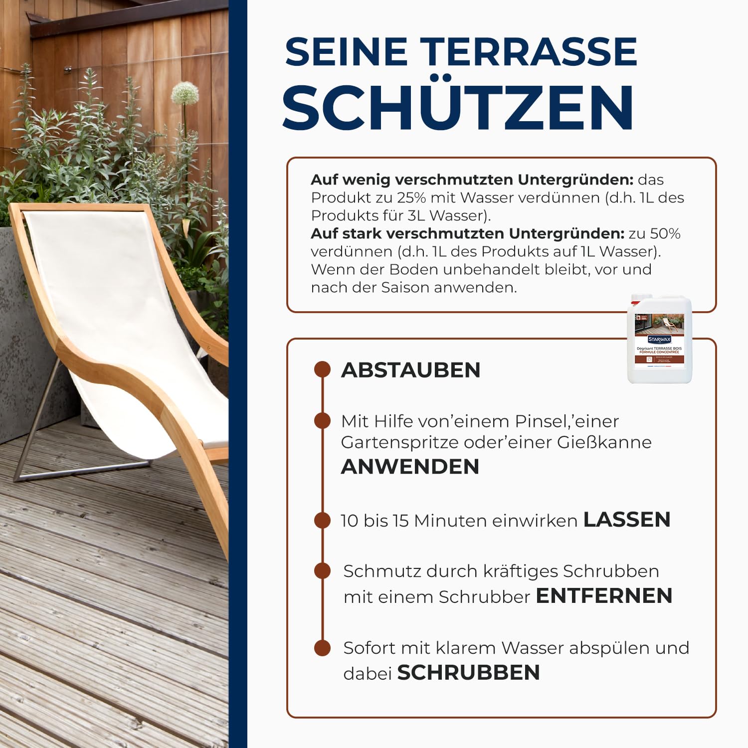 STARWAX Konzentrierter Holzterrassen-Entgrauer 2 l | Reinigt und entgraut gründlich, stellt ursprüngliches Aussehen wieder her, 60–120 m²