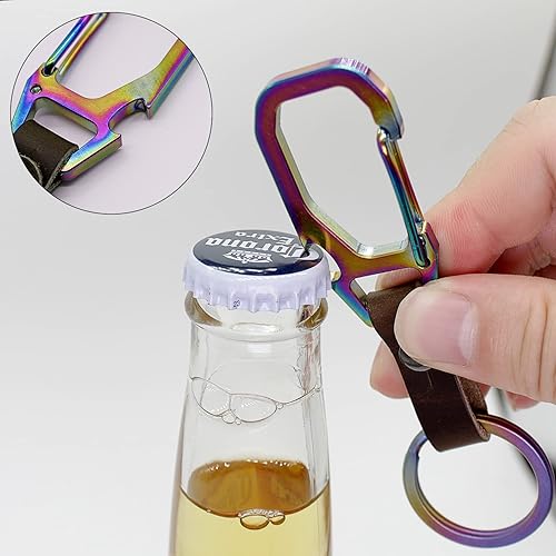 Miniatura 6 de Clip de mosquetón para llavero, clips de titanio resistente, llavero de cuero, abrebotellas, llaveros para mujeres y hombres