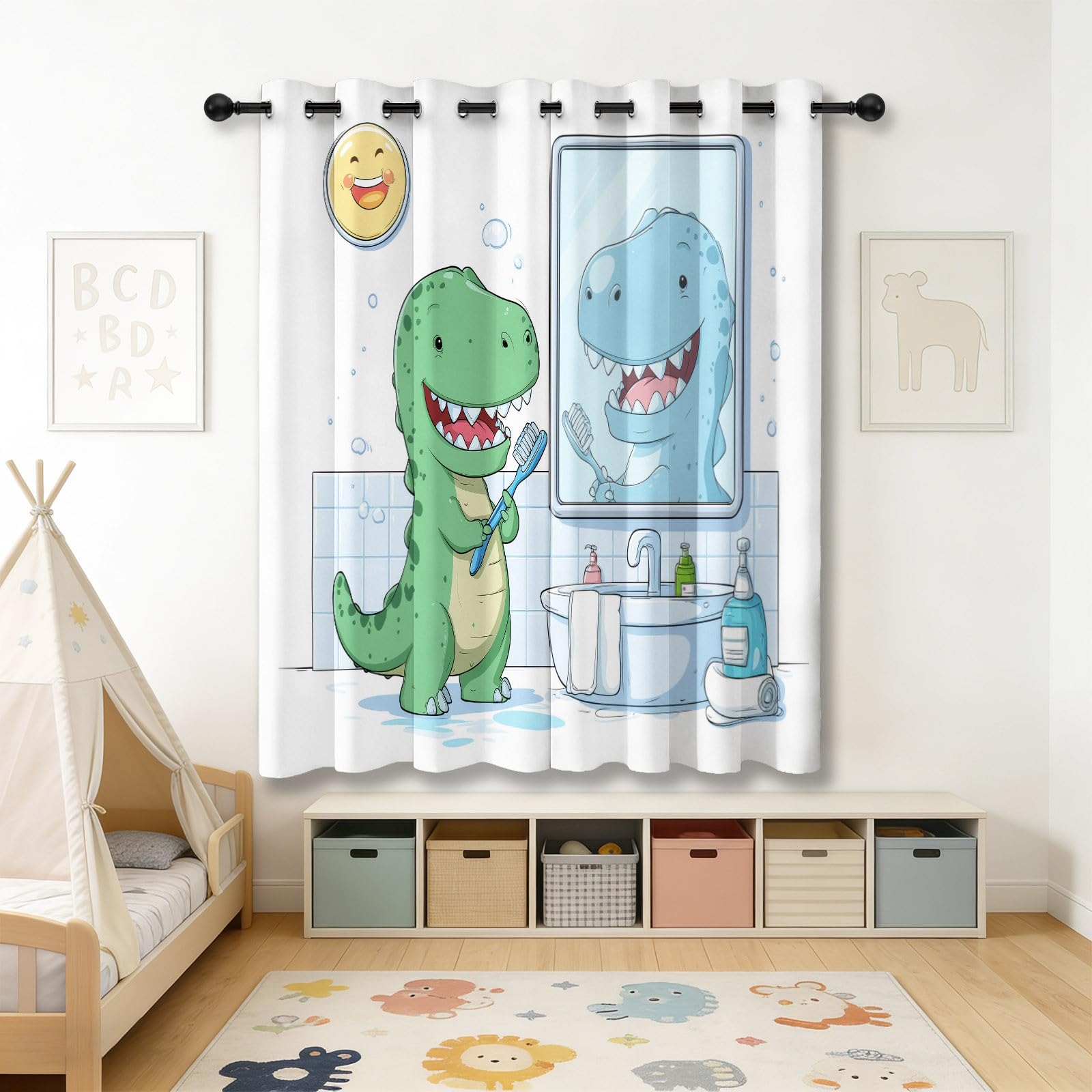 Rideaux Occultants en Bleu avec Amusant Dinosaure Bain, 70 L x 200 H cm Isolant Thermique à Œillets Qui Protège du Froid, Habillage de Fenêtre Design pour Chambre Salon, Bureau