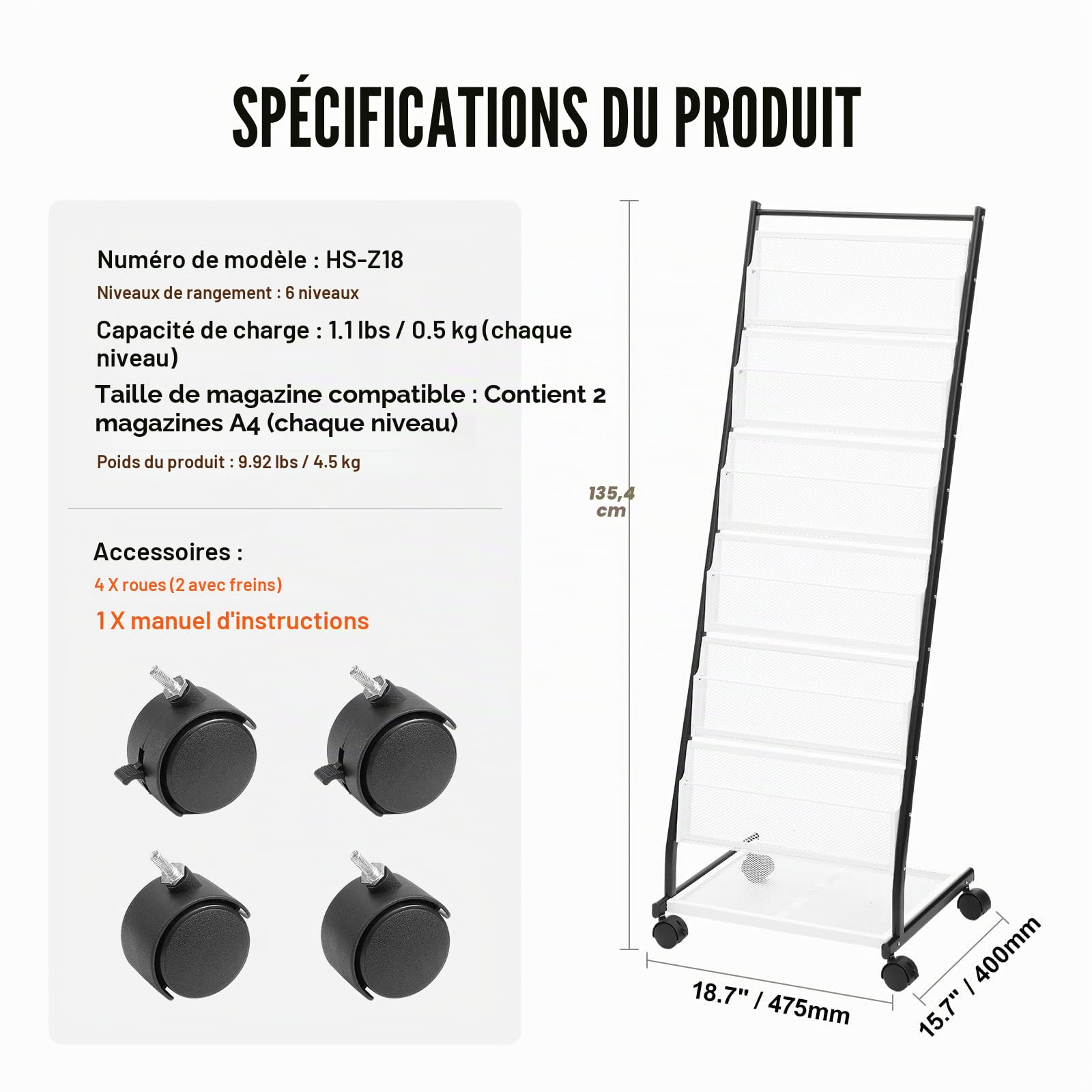 VEVOR Présentoir à Brochures 6 Niveaux, Porte-Brochures sur Pied avec 4 Roulettes (2 Verrouillables), Porte-Revue Cartes de Vœux, Magazines, Journaux, pour Magasin Bureau Salon Foire Exposition