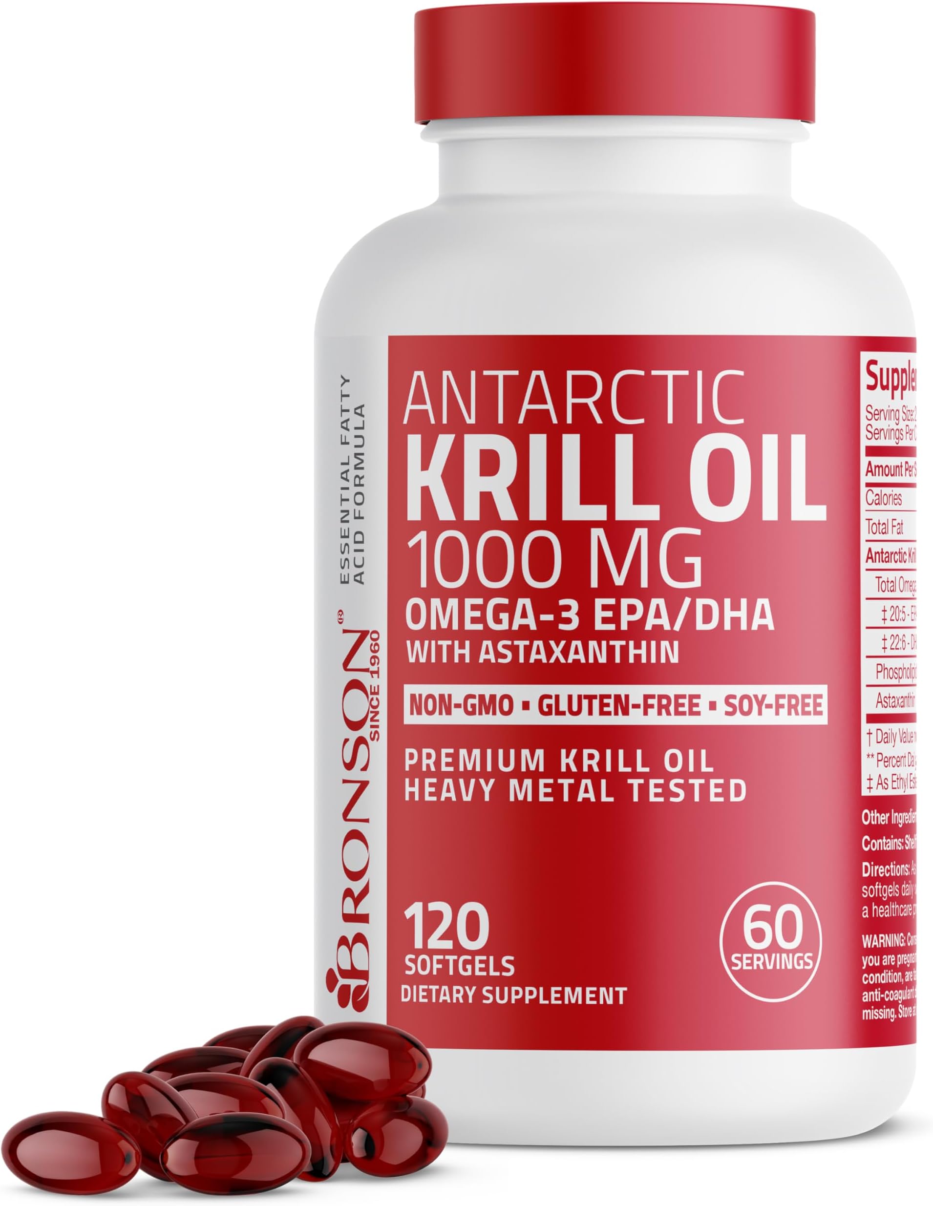 Antarctic Krill Oil 1000 mg with Omega-3s EPA, DHA and Astaxanthin, Heavy Metal Tested, 120 Softgels (60 Servings)