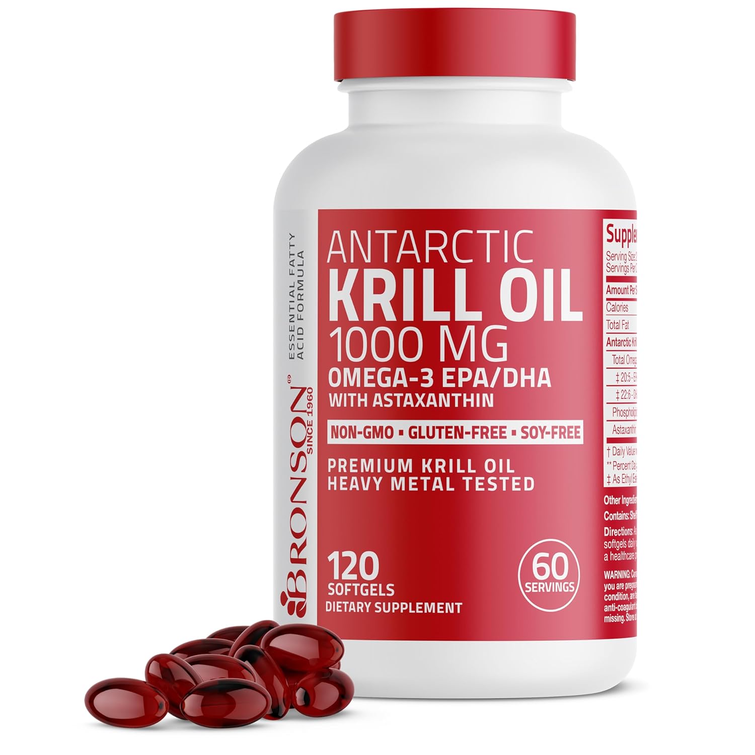 Bronson Antarctic Krill Oil 1000 mg with Omega-3s EPA DHA Astaxanthin and Phospholipids 120 Softgels