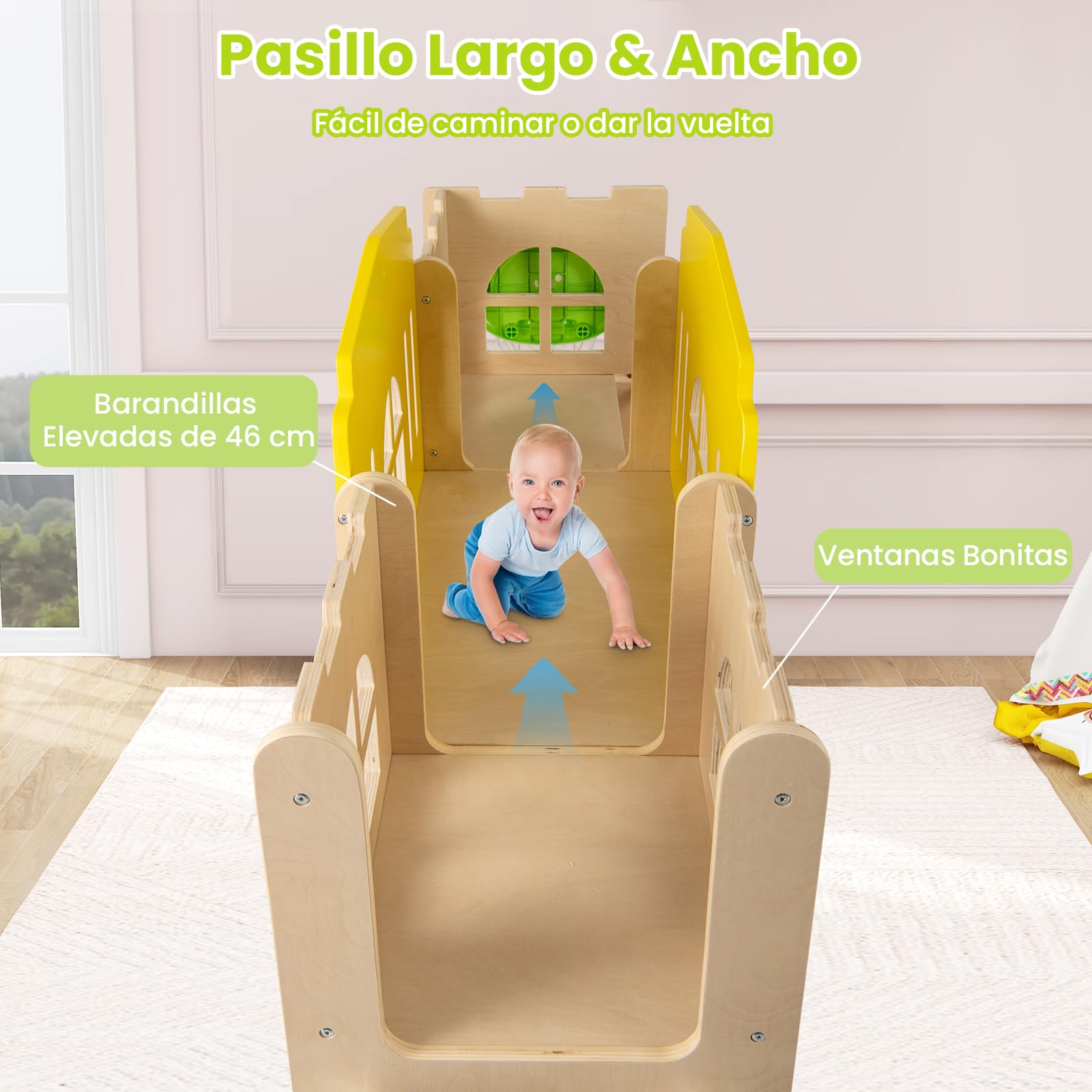 COSTWAY 7 en 1 Tobogán Infantil Interior de Madera con Escalera, Canasta de Baloncesto, Pasillo Largo, Túnel y Espacio de Almacenamiento, Centro de Actividades con Forma de Castillo de Madera