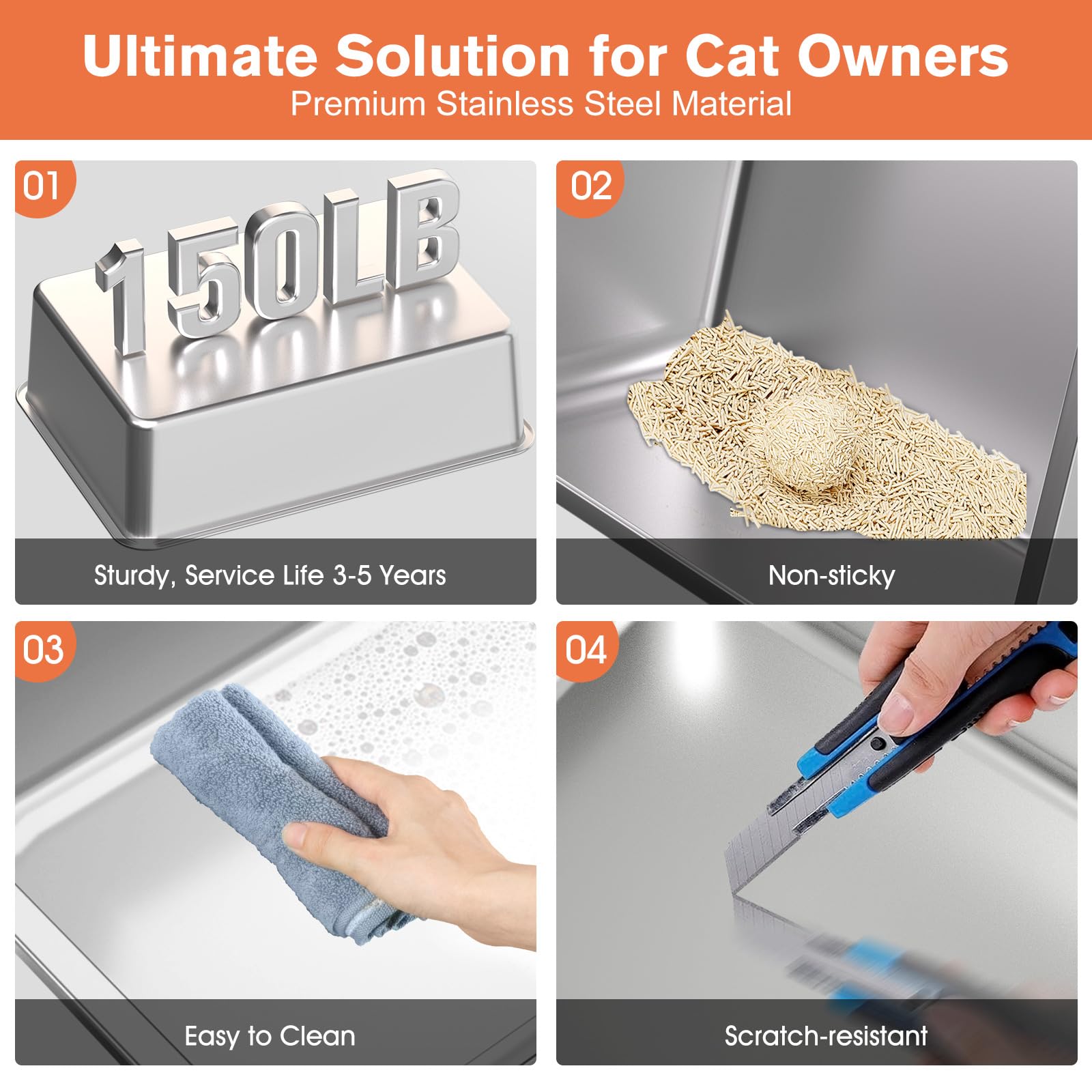 XXL Stainless Steel Litter Box with Lid, 28" Lx20 W Extra Large Cat Litter Boxes for Big Cats, Jumbo Metal Litter Box with Footboard & Scoop,Anti-Leakage,Non-Sticky,Odorless,Easy to Clean - image 6