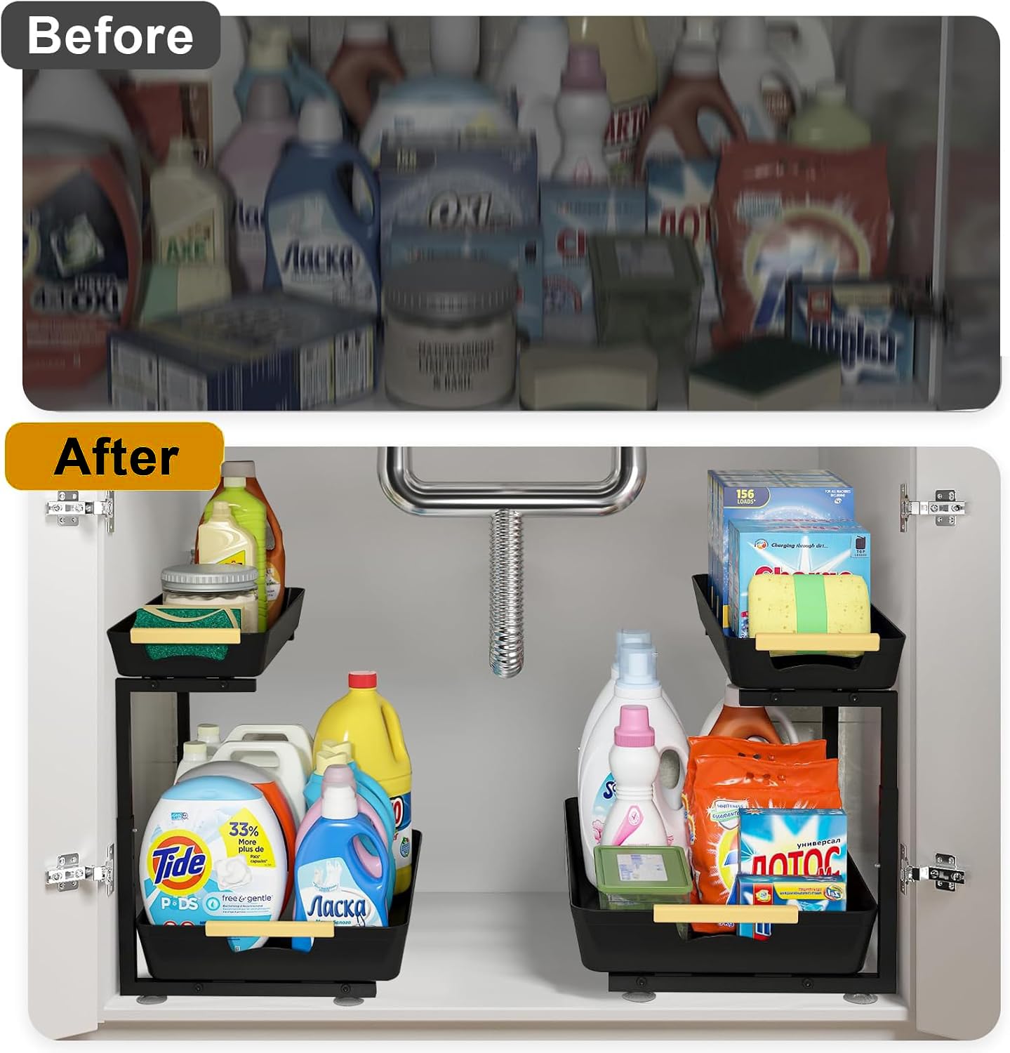 Organizery Schowek Pod Zlewem z Wysuwaną Szufladą w Kształcie Litery L, Regulowaną Na 3 Poziomy (33,5–41,5 Cm), Abs + Stal Węglowa Ultra, Nośność 22 Kg