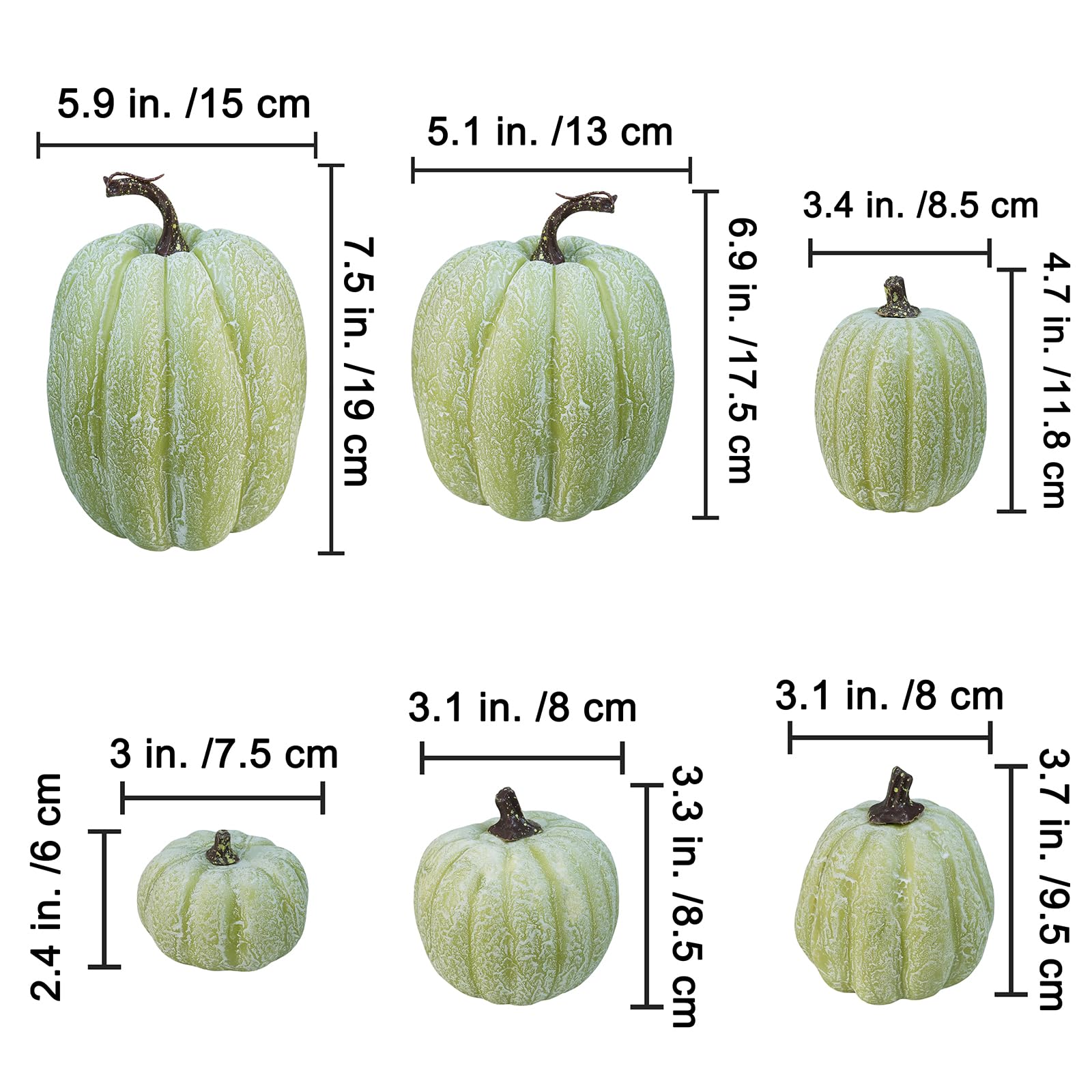 Winlyn 7 Pcs Assorted Sizes Artificial Green Pumpkins Decorative Green Whitewashed Faux Foam Pumpkins for Halloween Thanksgiving Farmhouse Fall Autumn Harvest Home Mantel Table Centerpiece