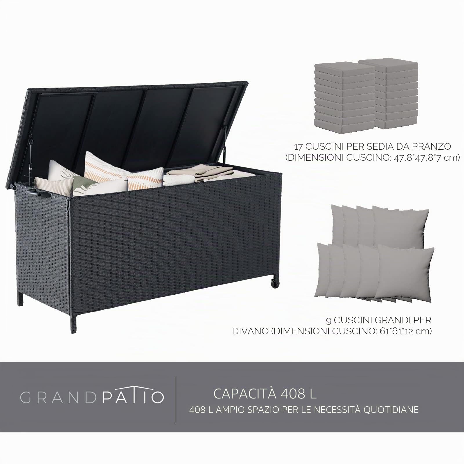 Grand patio Contenitore Box 480 L in Resina, Baule da Giardino con Rotelle Coperchio, Cassapanca Per Esterni, Facile Montaggio, Polyrattan Box Esterno da Giardino Esterno (Nero)