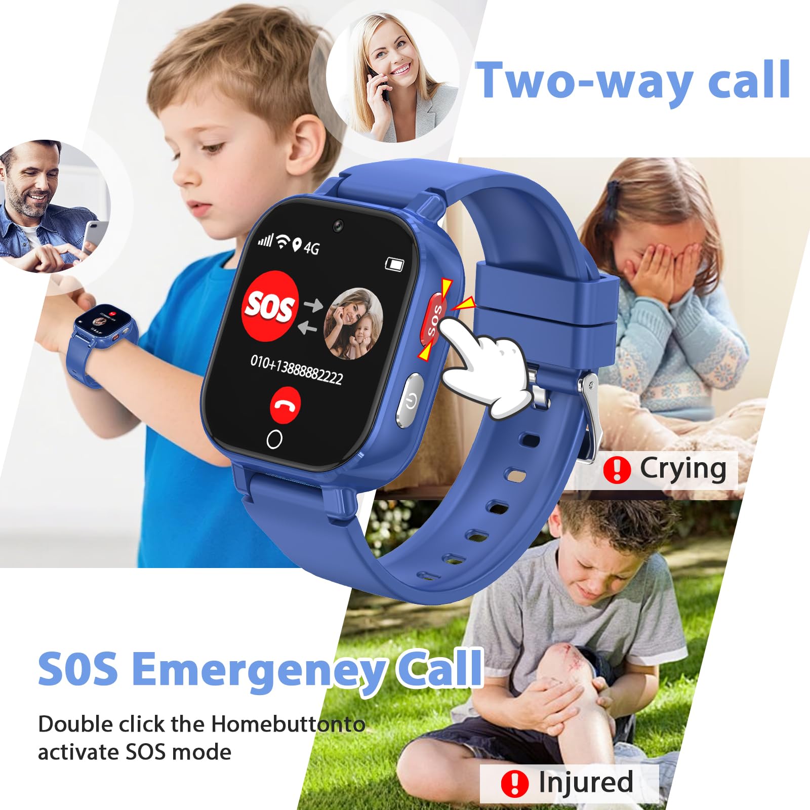 Smartwatch Bambini, Orologio Bambina con GPS, IP68 Smartwatch Bambino Chat Video/Vocale/WIFI/Ricezione SMS SOS Modalità Scuola Piccolo Orologio per Bambini, Regali Bambino Dai 4 Anni in Su, Blu