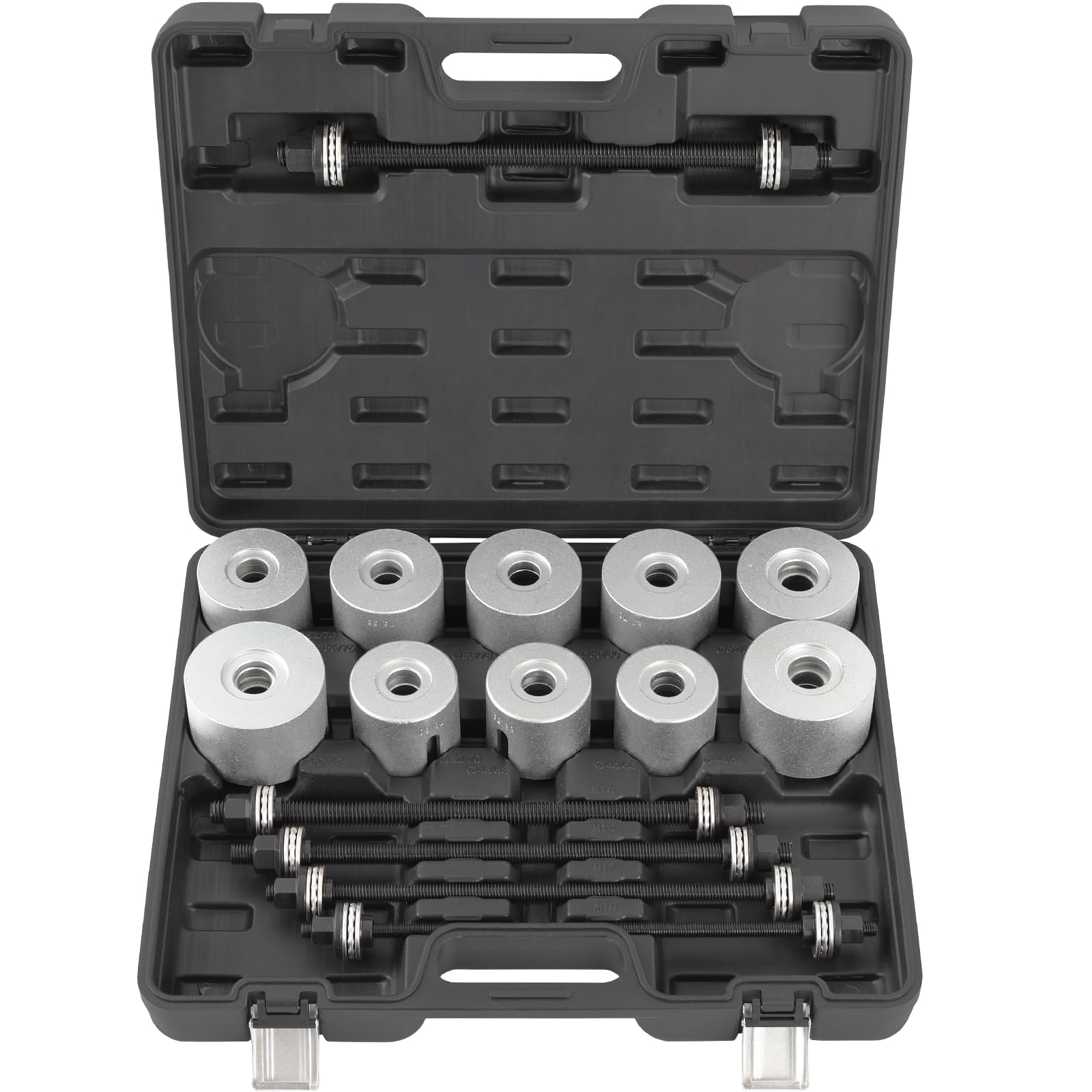 TECPO Radlager-Werkzeug-Satz, 26-teilig, universelles Werkzeugset zur Montage & Demontage von Silentlagern, Zug- & Druckhülsen-Satz, Gummilager und Kugellager, 5 Spindeln M10 - M18 & 22 Druckstücke