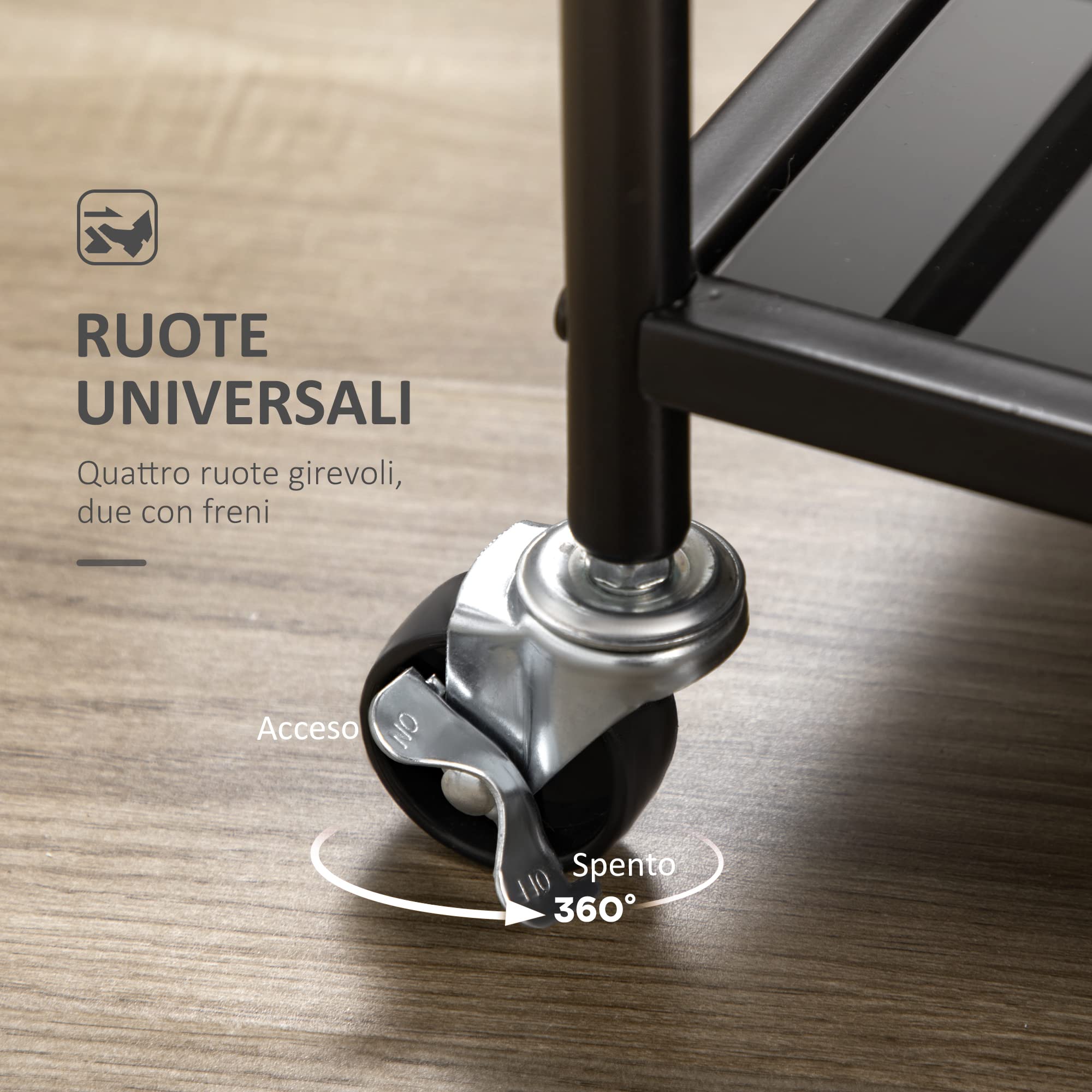 HOMCOM Carrello da Cucina a 2 Livelli con Piani in Vetro Temperato, 4 Rotelle e Struttura in Metallo, 75x40x80 cm, Nero