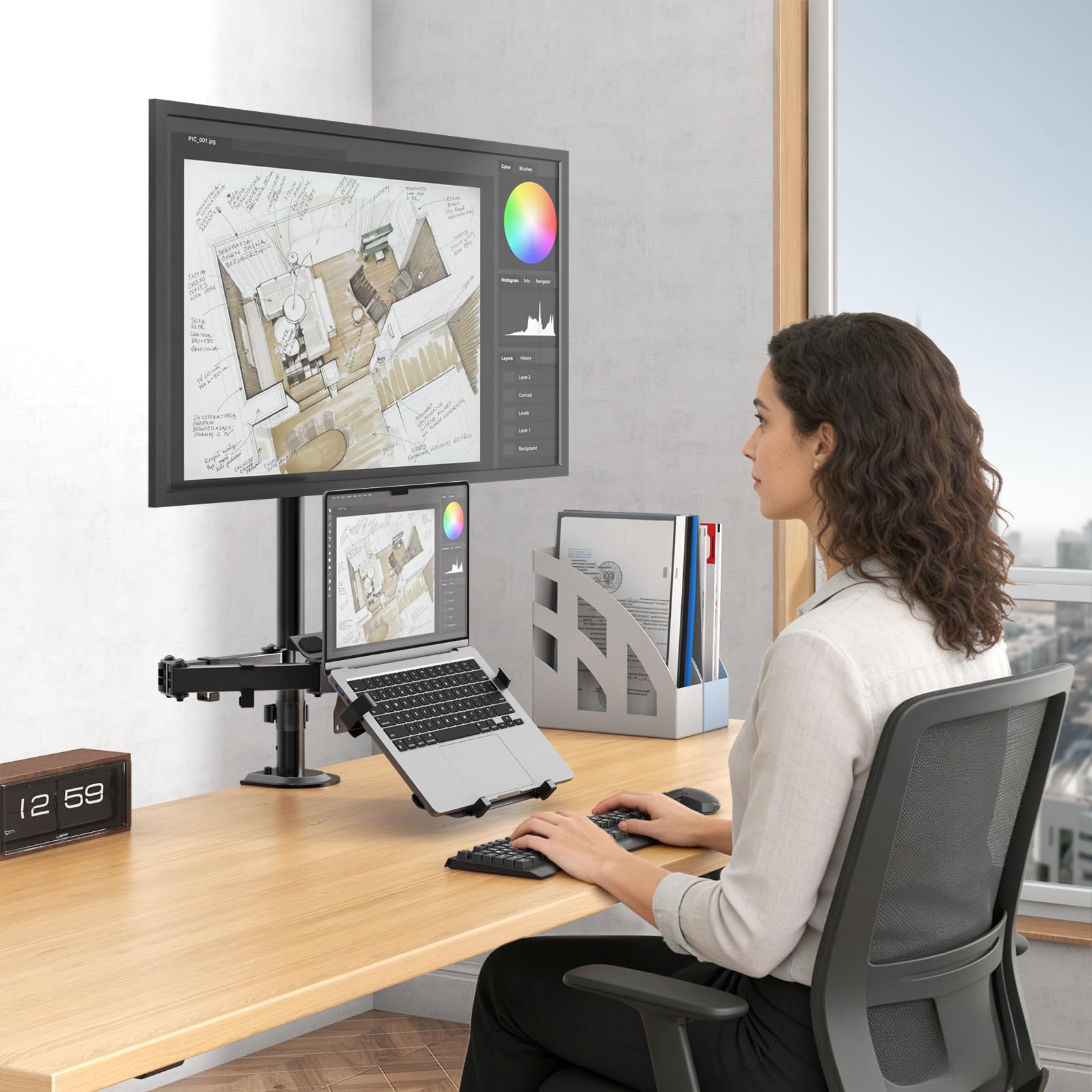 PUTORSEN Supporto per monitor con braccio per laptop per schermi da 17 a 49 pollici e notebook fino a 17 pollici, asta da 81,8 cm regolabile in altezza, braccio per monitor VESA 75/100 mm