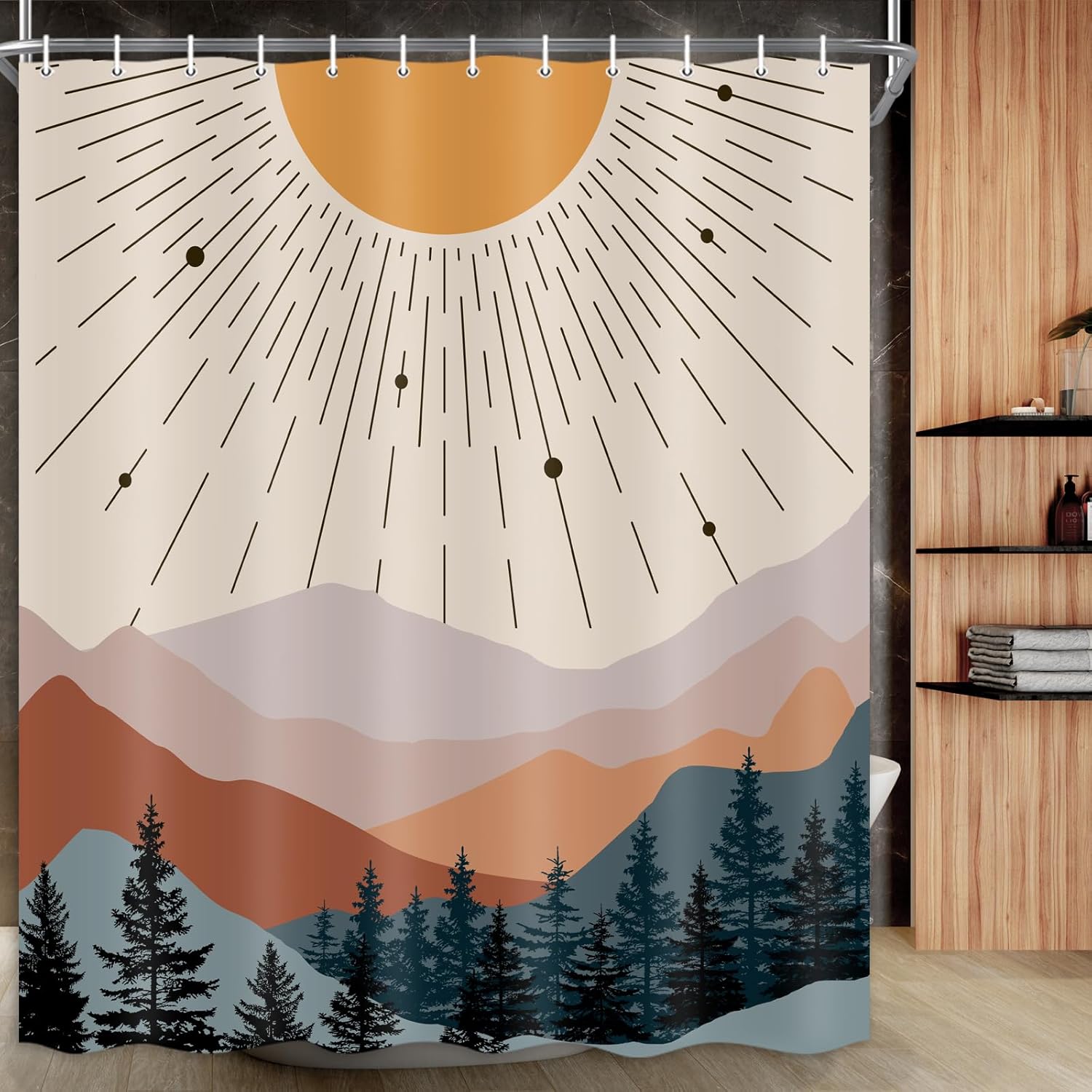 Mid Century Shower Curtain, Abstract Moutain Shower Curtain Sets Boho Sunset Bathroom Curtain, Waterproof Boho Minimalist Bath Curtain Decor with 12 Hooks 72X84 Inch