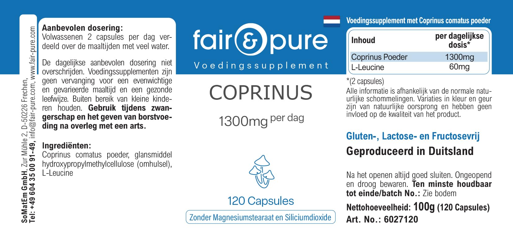 Fair & Pure Capsule di Coprinus 1300mg dose giornaliera, 120 pezzi, fungo coprinus, integratore alimentare vegano senza additivi, prodotto in Germania