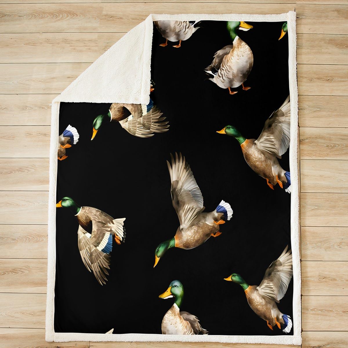 Loussiesd Coperta in pile Sherpa con anatra reale da caccia e pesca, coperta in peluche animale selvatico, per letto, divano, bambini, animali selvatici, nero, 200 x 200 cm