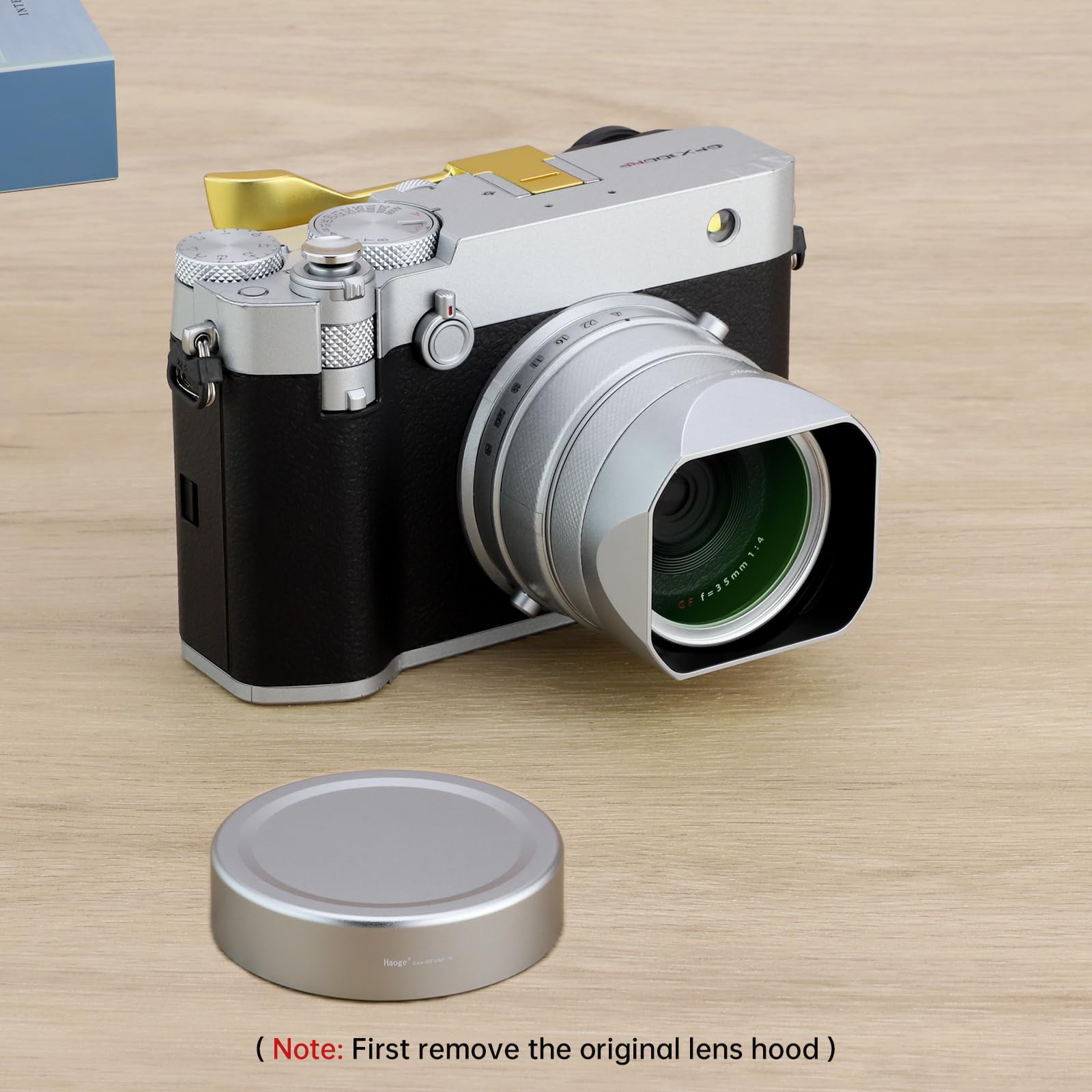 Haoge Metalowa kwadratowa osłona obiektywu do aparatu Fujifilm GFX100RF LH-GFXRF-IIS+Cap-GFXRF-IIS srebrny bagnet z metalową nasadką