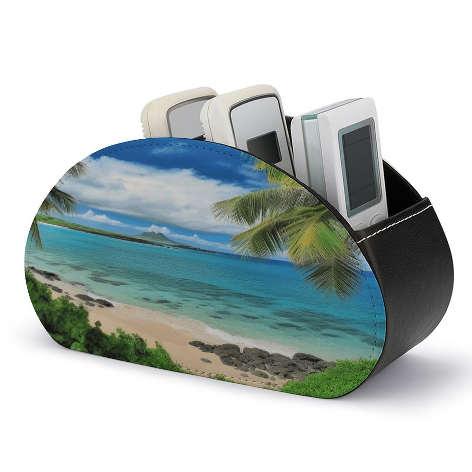 VstaDank Tropical Palm Tree Hawaii Beach Remote Control Holder Farmhouse TV Media Remote Storage Box with 5 Compartments PU Leather Remote Caddy Desktop Organizer for Home Bedside Table Organizer