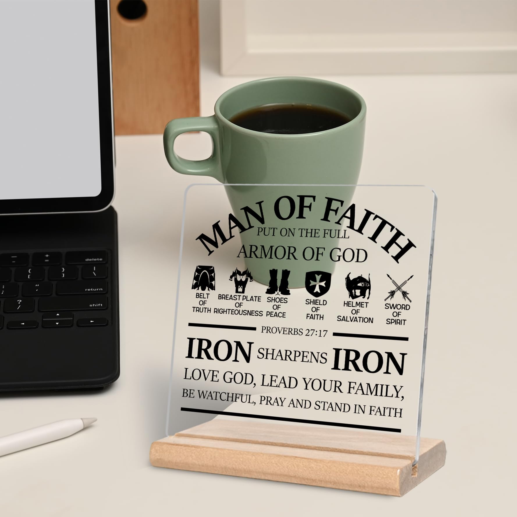 Christian Gifts for Men, Man of Faith Put on the Full Armor of God Quotes Bible Verse Acrylic Plaque Sign, Inspirational Bible Gift for Office Home Decor(A)