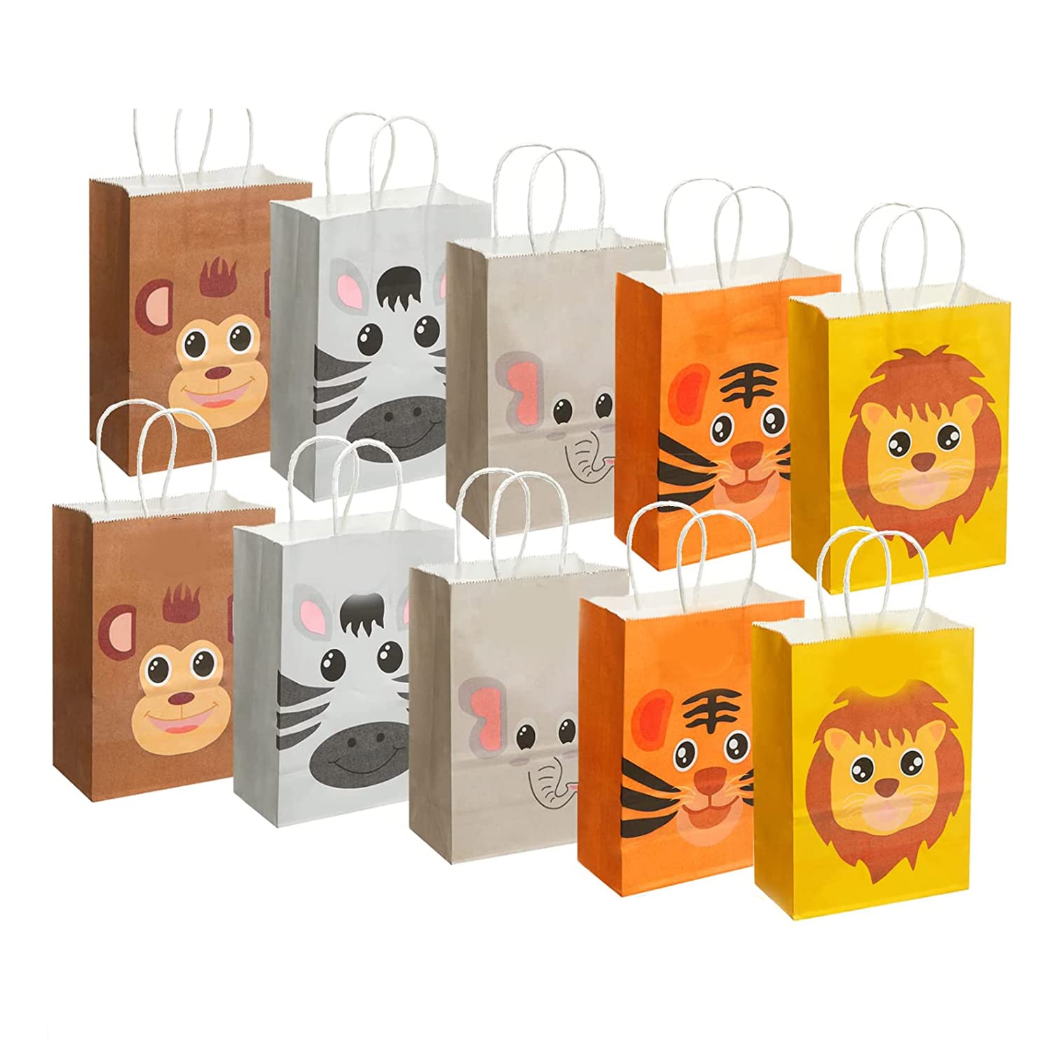 ELECDON Kraft Gift Bags, 10Pcs Cute Animals Jungle Safari Zoo Paper Bags with Handles, 5 Styles Reusable Party Bags for Kid's Birthday Party Supplies, Holiday Treat Box, Children's Candy Packaging Bag