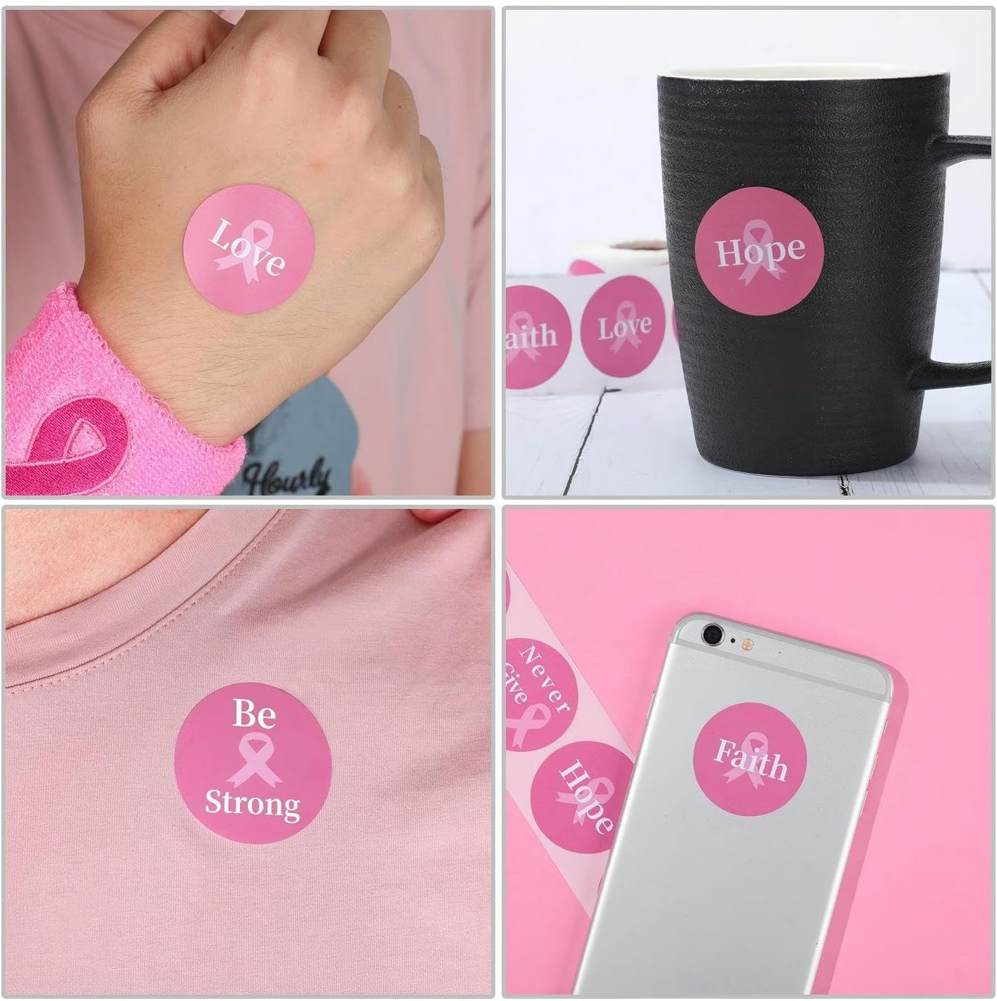 Outus 500 Pcs Breast Cancer Awareness Stickers 1.5 Inch Pink Round Ribbon Motivational Sayings Stickers for Breast Cancer Month Event Party Women Kid Girls Mom Office School Support Supplies