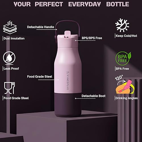 Miniatura 2 de Botella de agua vibrante al vacío de doble pared de acero inoxidable con tapa a prueba de fugas, base de silicona antideslizante y correa de